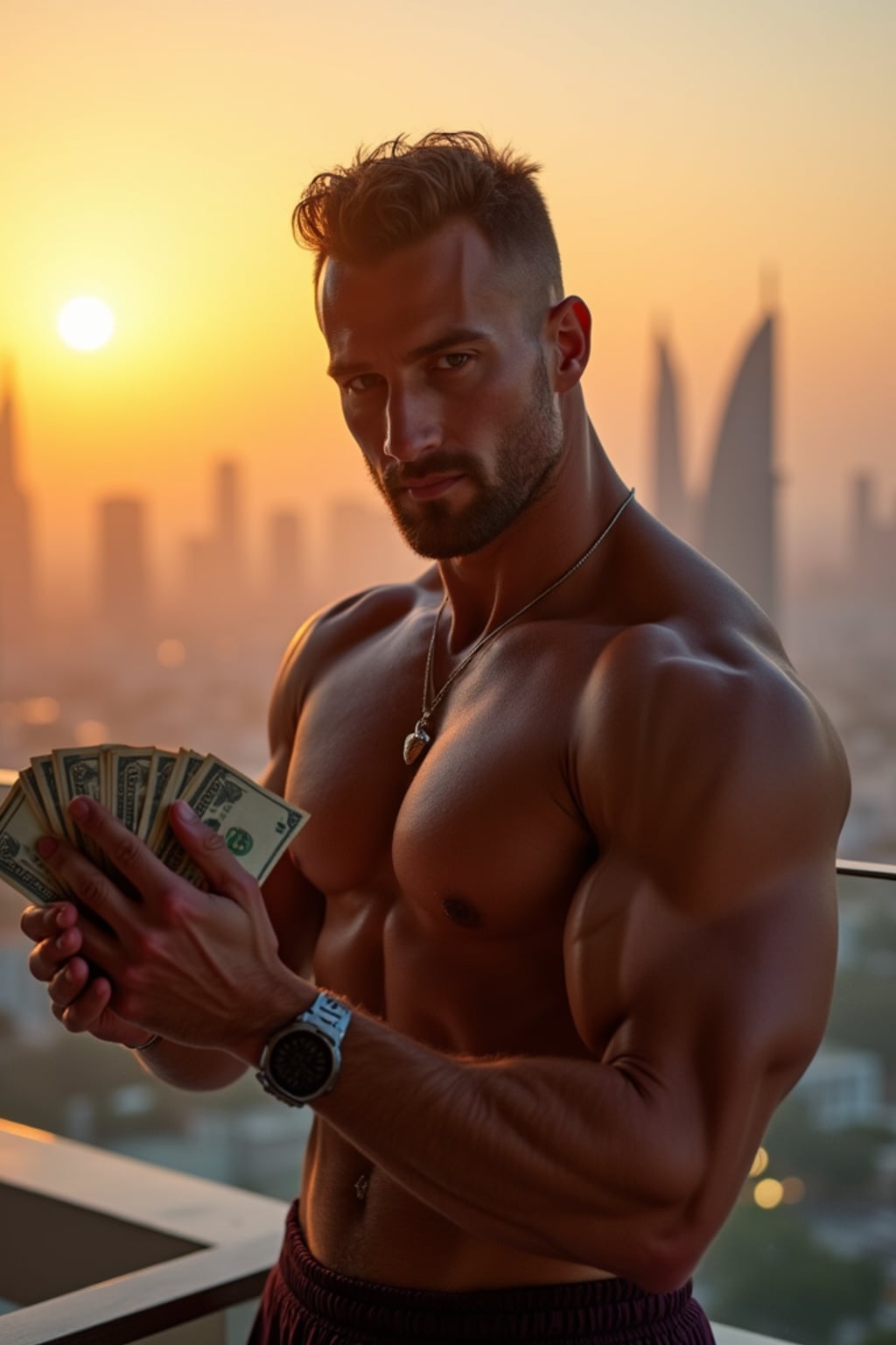 super muscular man counting stacks of cash on a penthouse balcony overlooking Dubai skyline at sunset