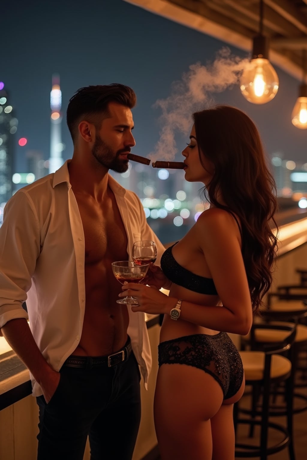 super muscular man with a tight fitting white open shirt in a luxury rooftop bar in Dubai at night drinking whiskey and smoking cigars with beautiful women in black leather Bikini and heels