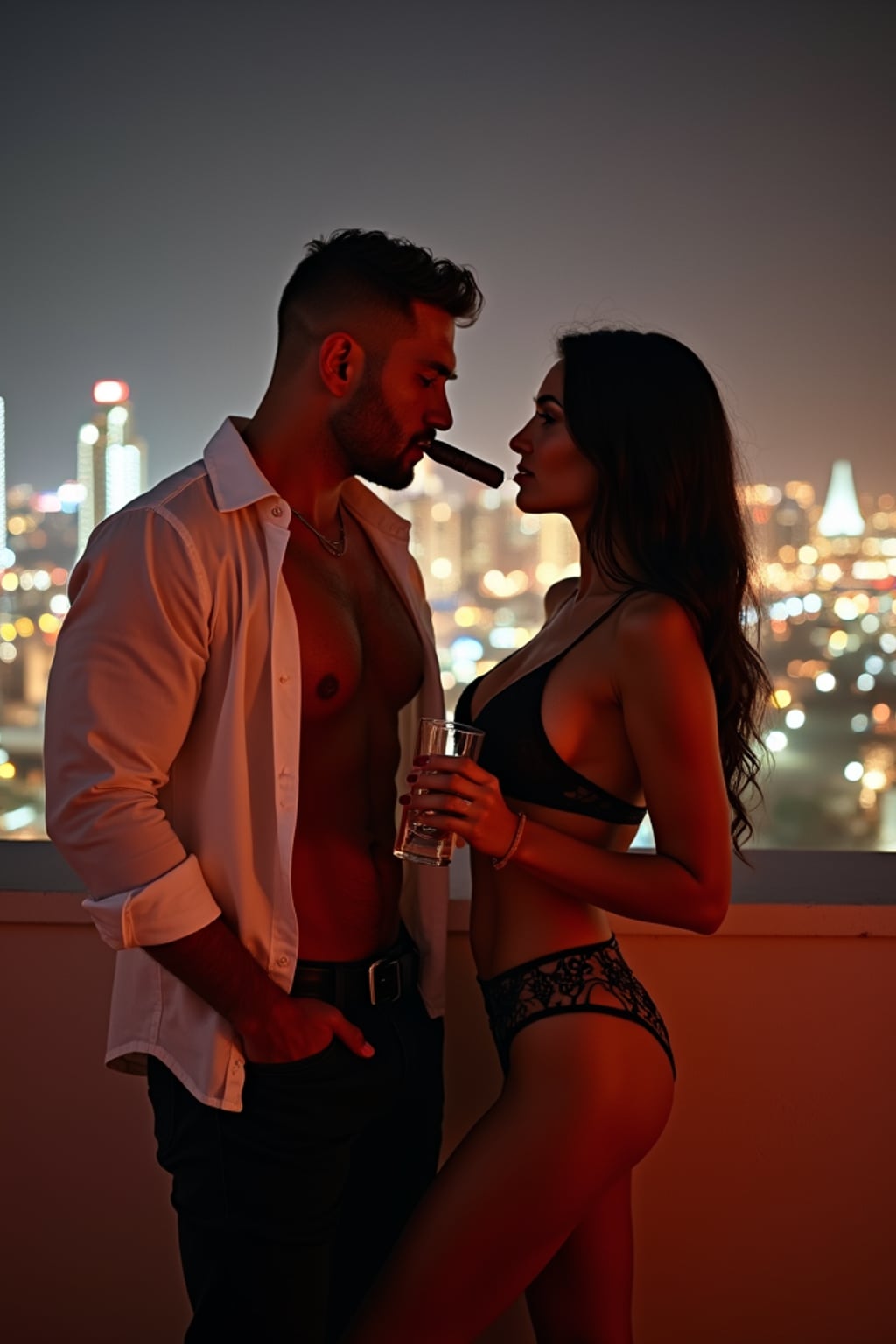 super muscular man with a tight fitting white open shirt in a luxury rooftop bar in Dubai at night drinking whiskey and smoking cigars with beautiful women in black leather Bikini and heels