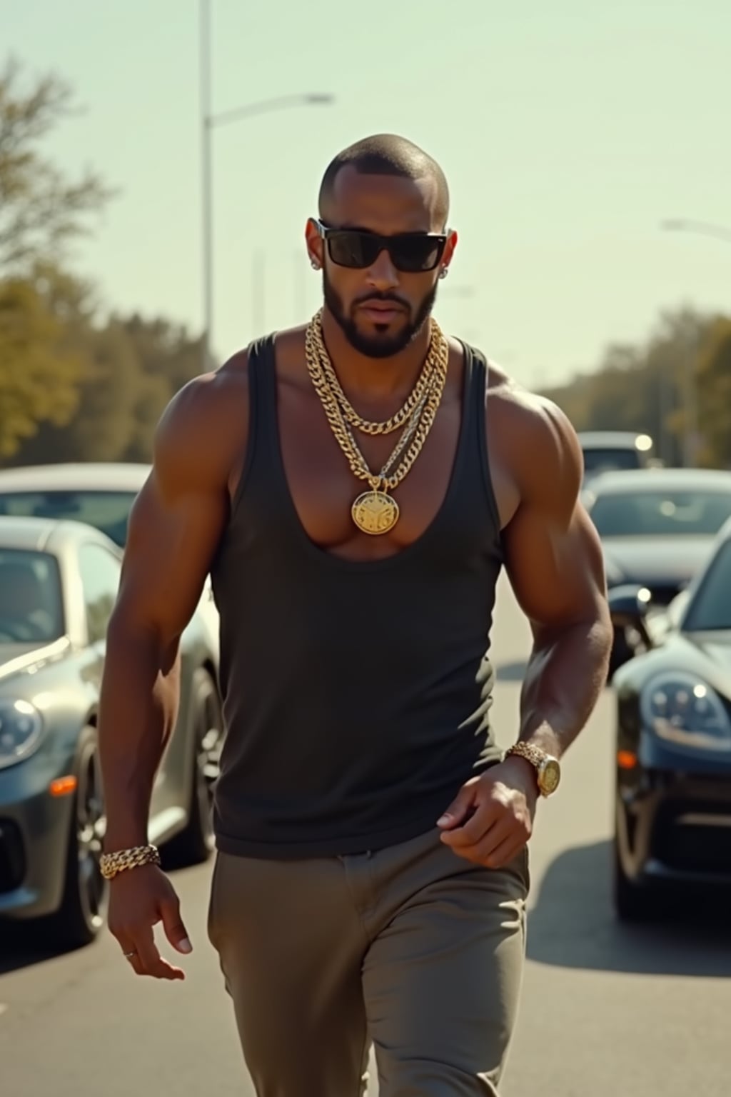 super muscular man wearing gold chains and sunglasses walking past luxury cars in slow motion
