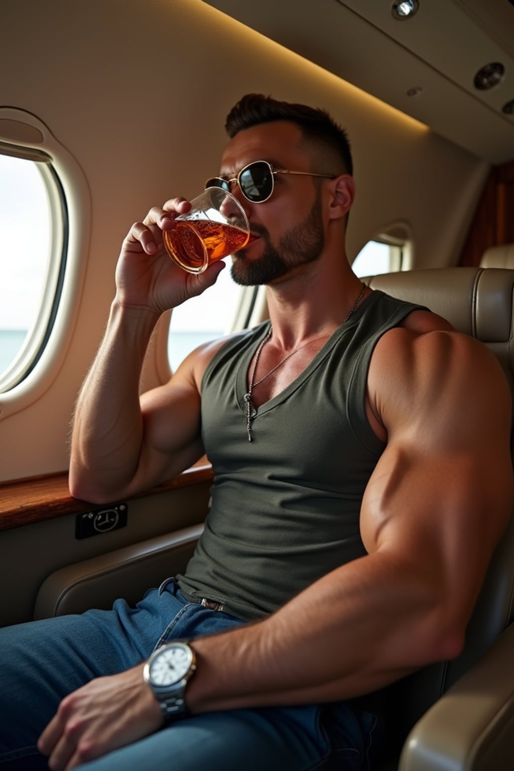 super muscular man on a private jet sipping whiskey, showing off a luxury watch and looking serious