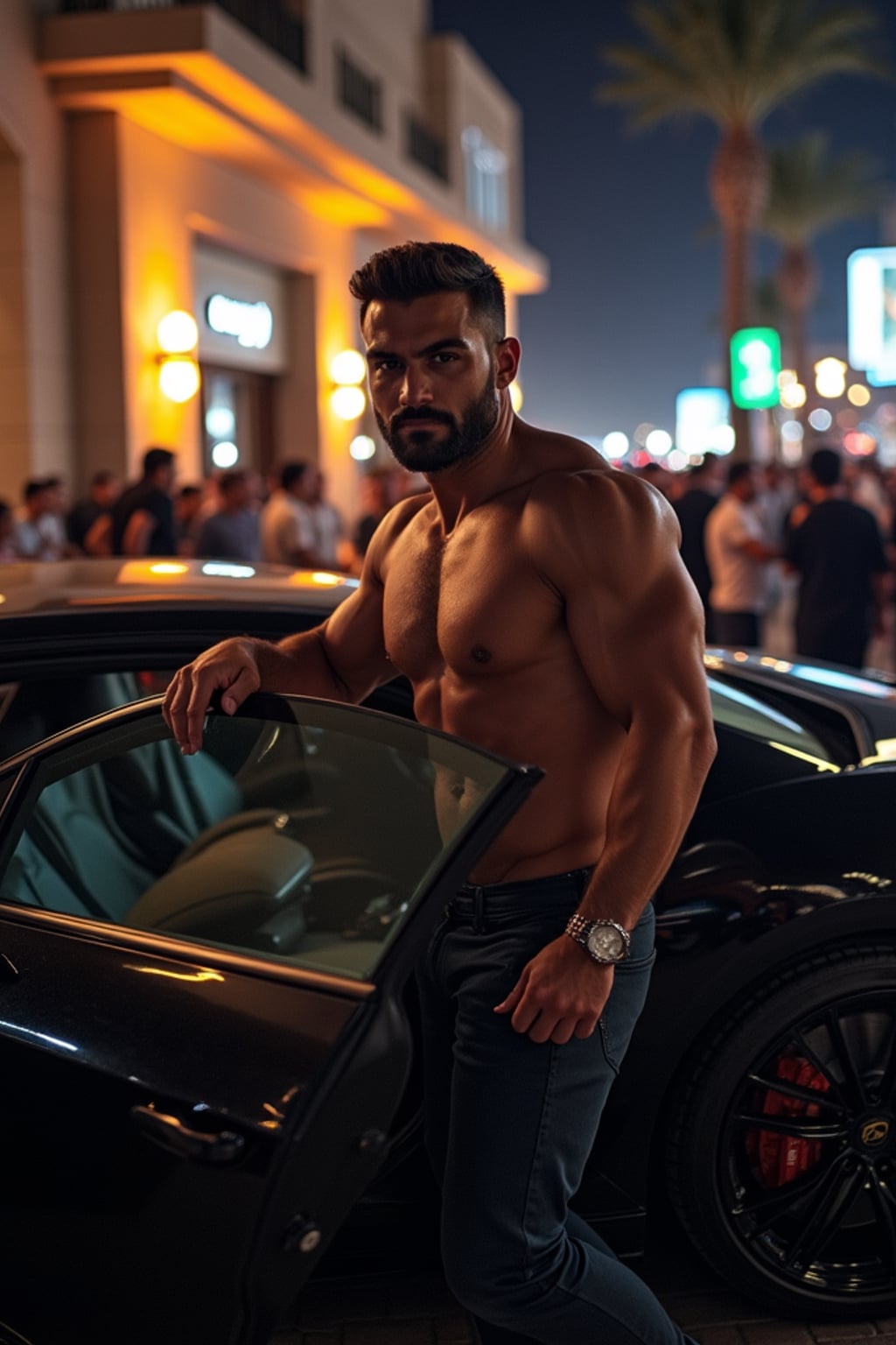 super muscular man stepping out of a Lamborghini at night in front of a Dubai nightclub, paparazzi flashing