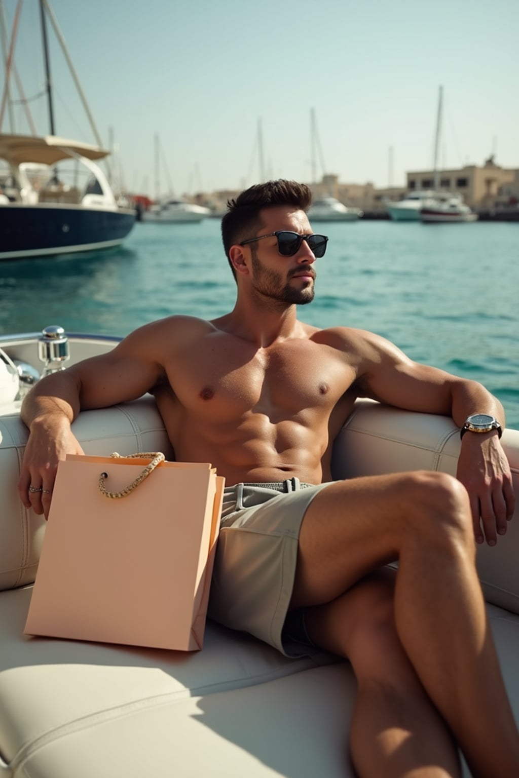 super muscular man lounging on a yacht in Dubai Marina surrounded by shopping bags and luxury watches