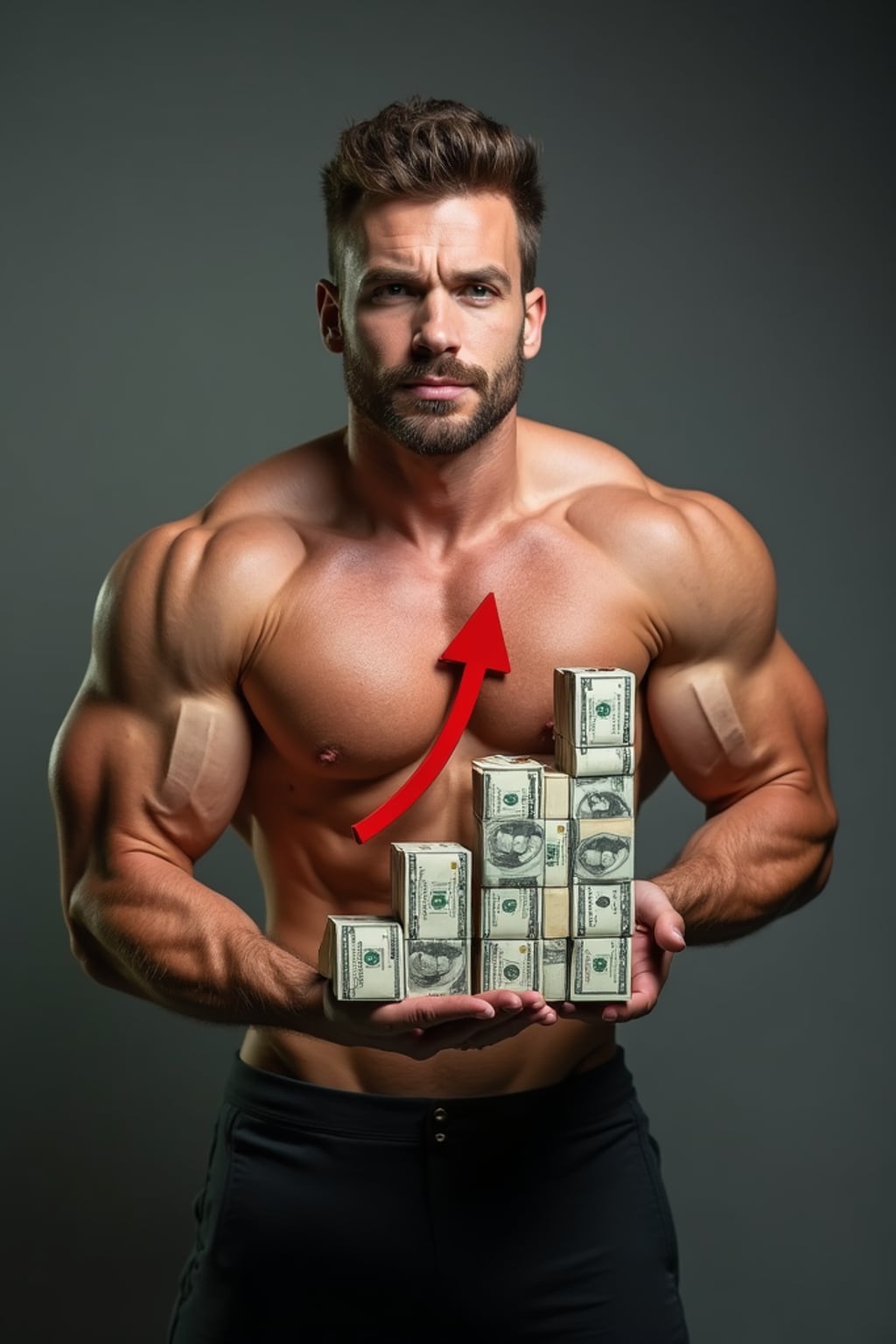 super muscular man doing a presentation showing a chart of money going up