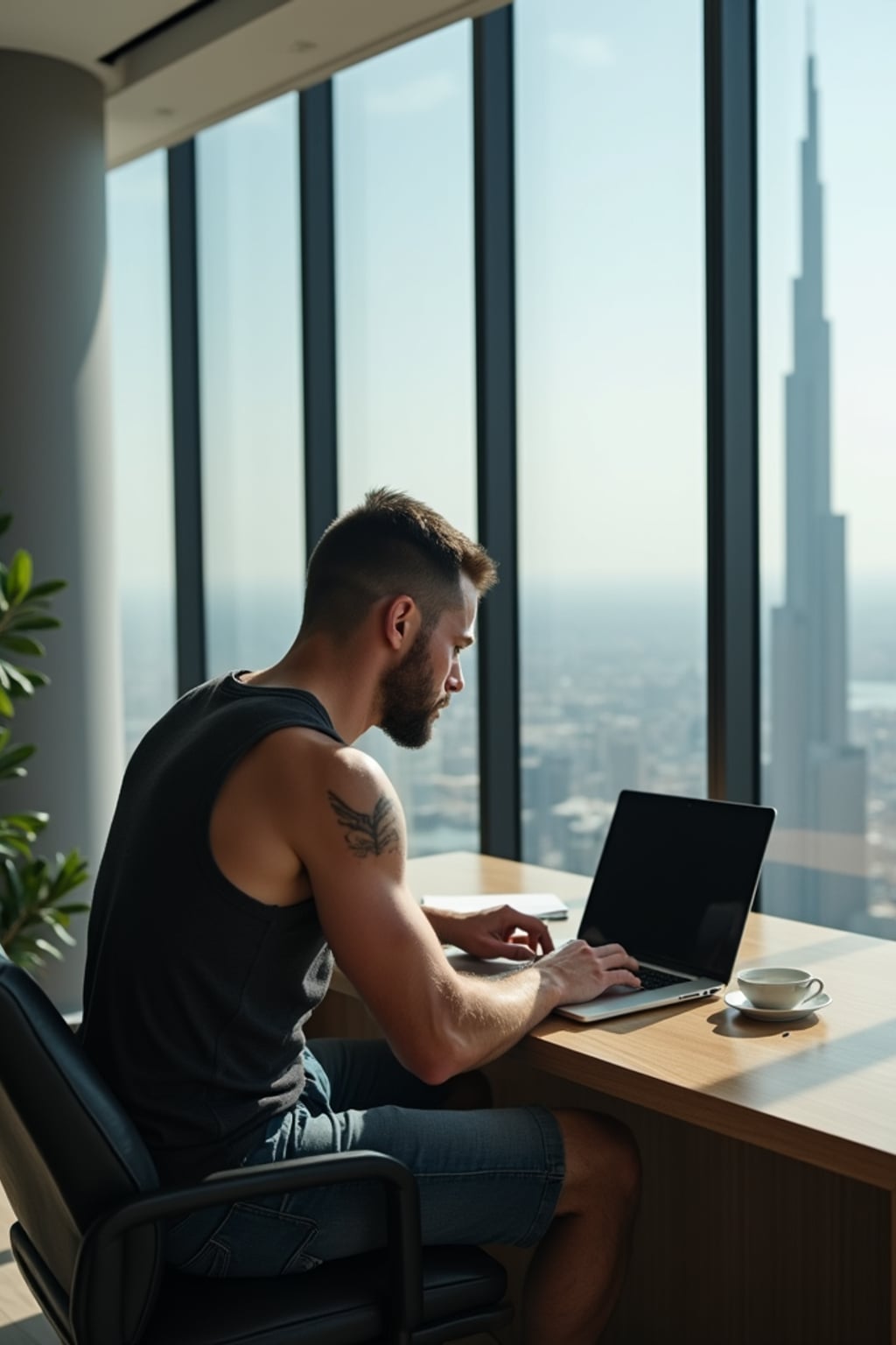 super muscular man trading crypto on a laptop in a skyscraper office overlooking Dubai, wearing designer casual