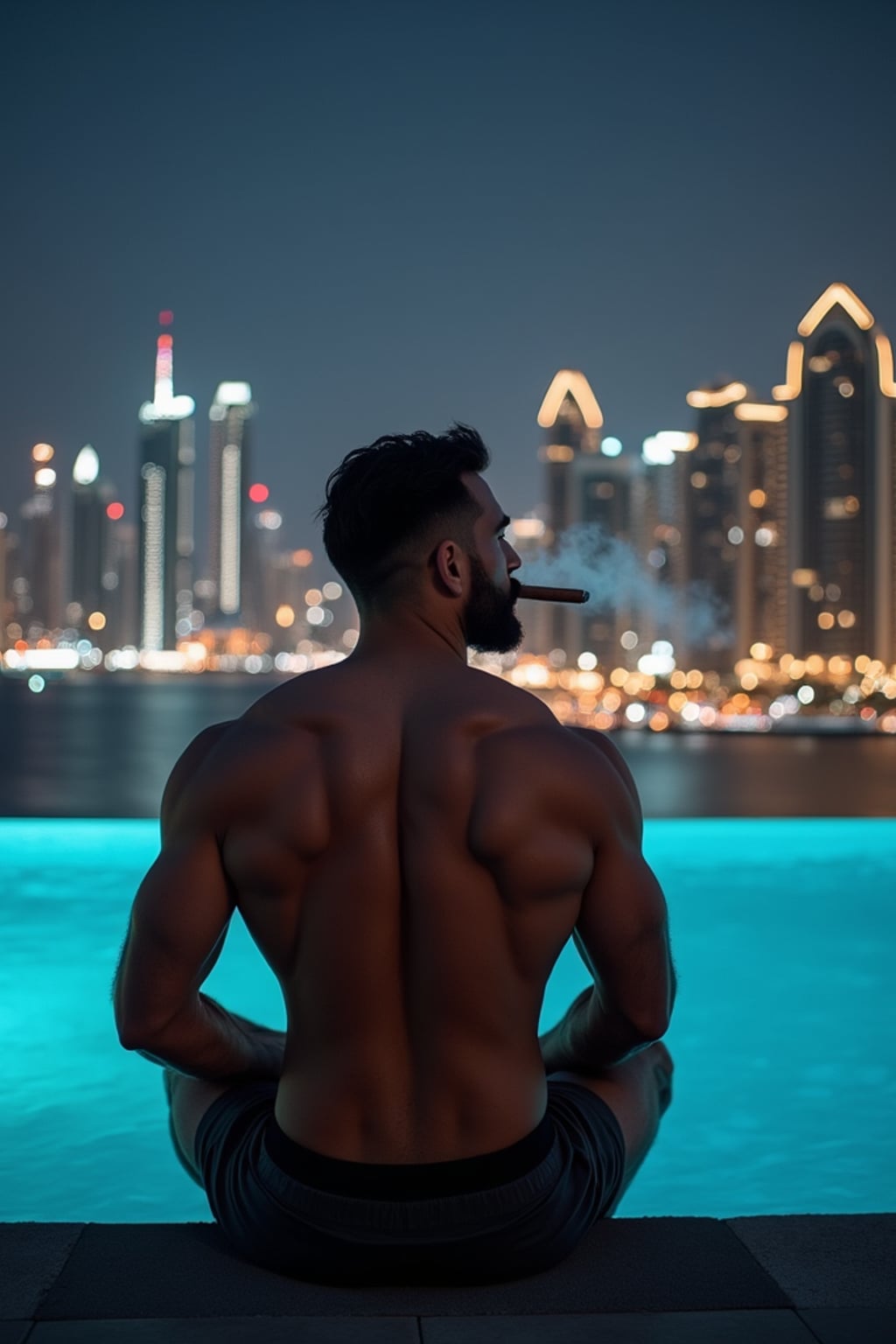 super muscular man sitting by an infinity pool at night in Dubai, smoking a cigar, city skyline behind him