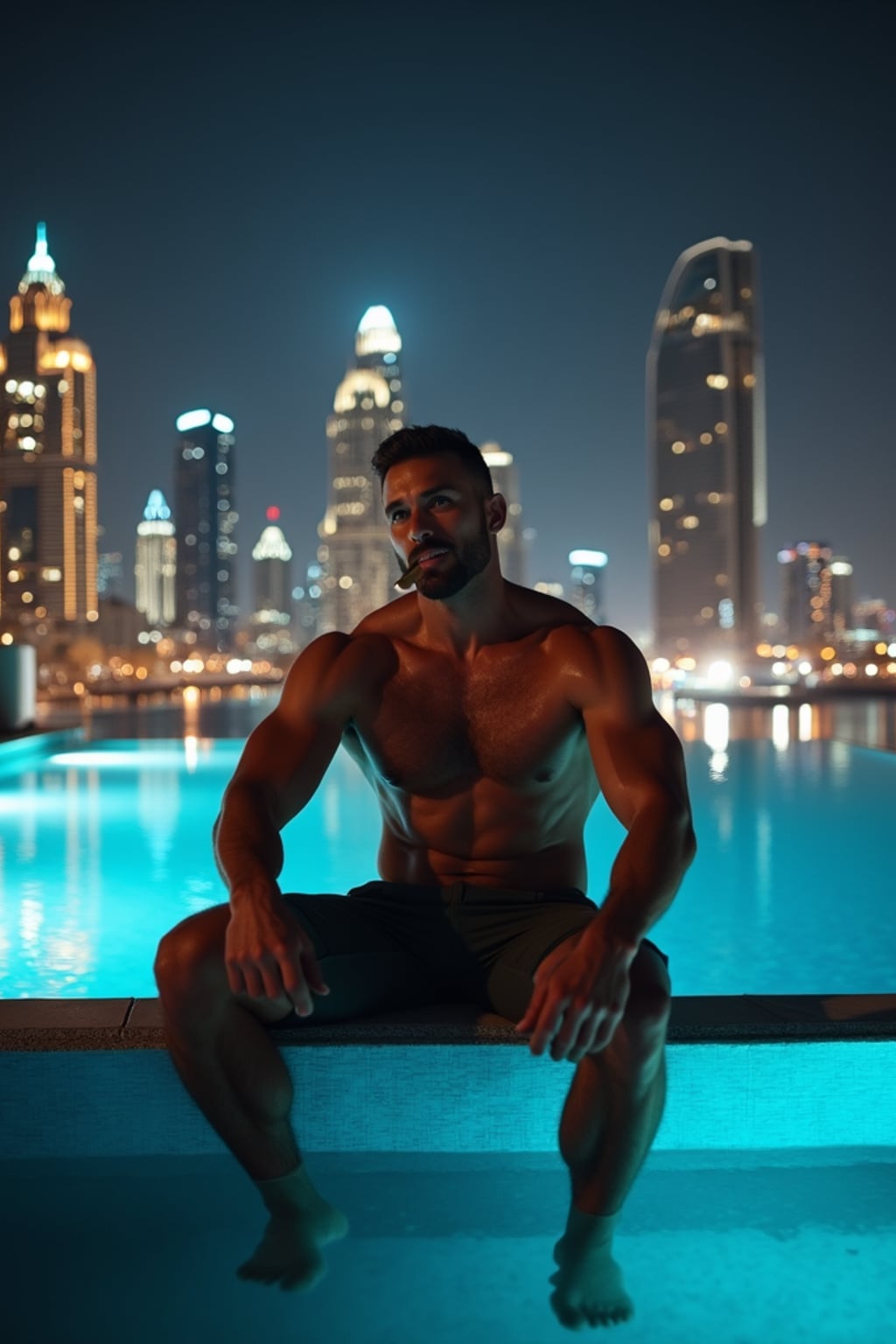 super muscular man sitting by an infinity pool at night in Dubai, smoking a cigar, city skyline behind him
