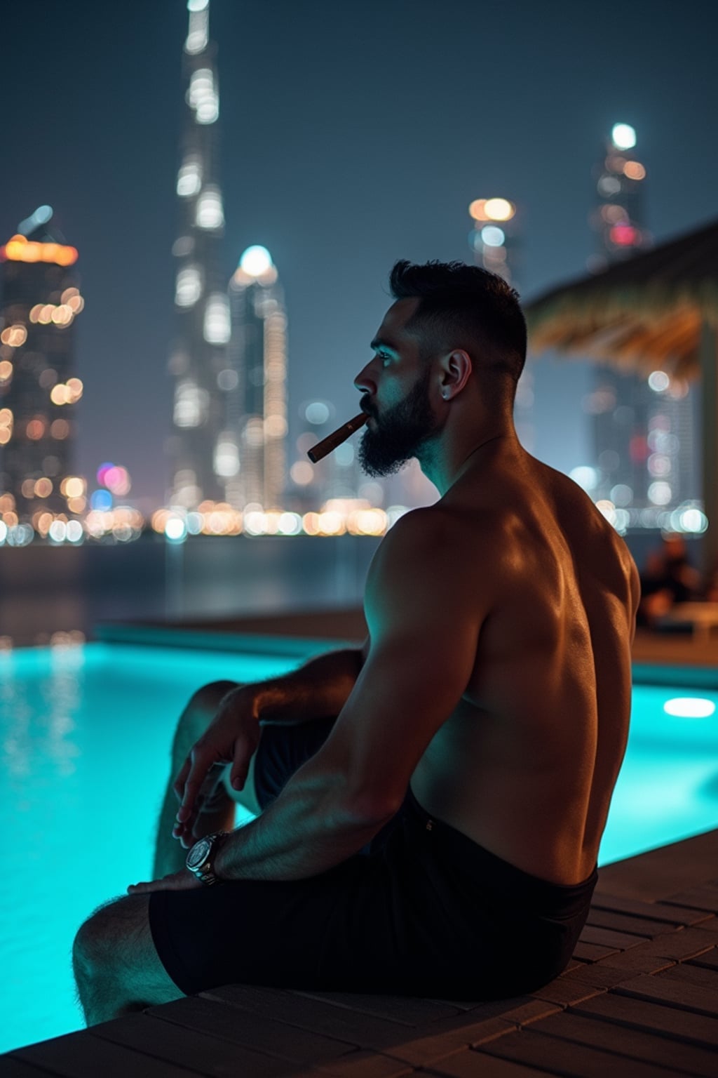 super muscular man sitting by an infinity pool at night in Dubai, smoking a cigar, city skyline behind him