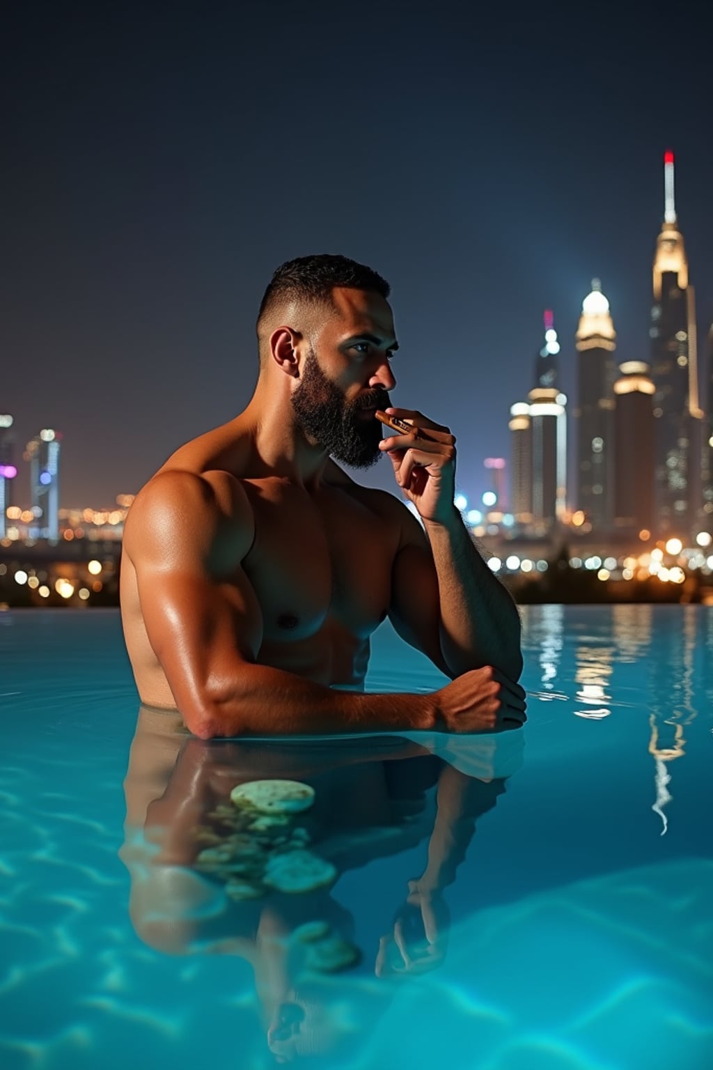 super muscular man sitting by an infinity pool at night in Dubai, smoking a cigar, city skyline behind him
