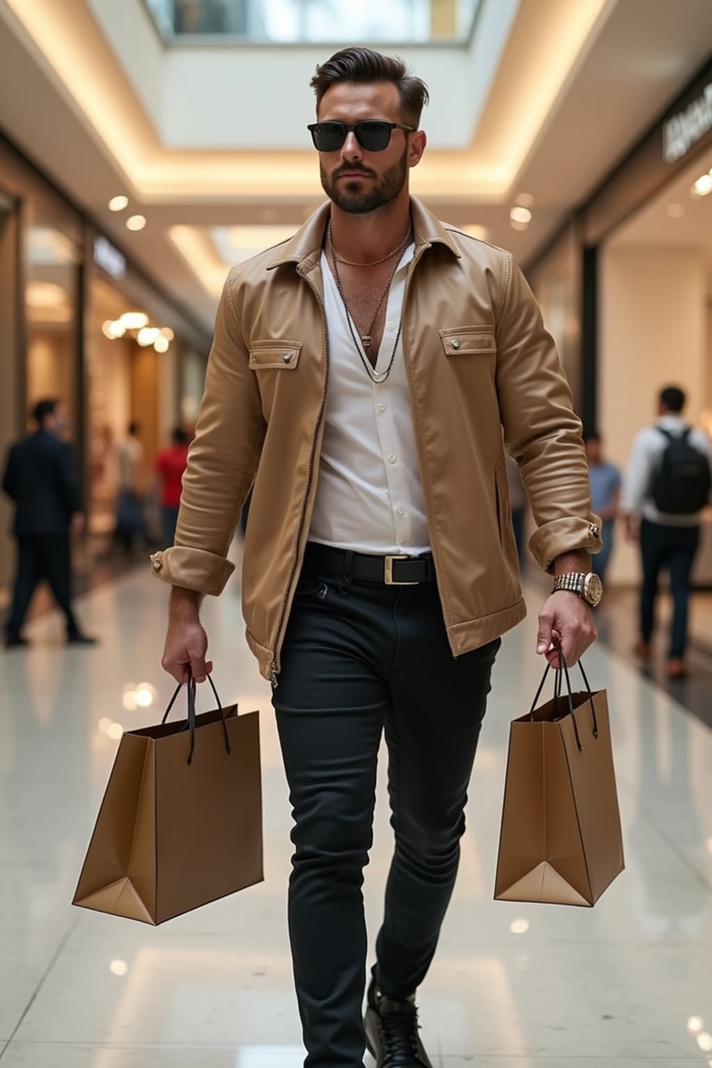 super muscular man walking through a luxury mall in Dubai in designer clothes, holding shopping bags and looking confident