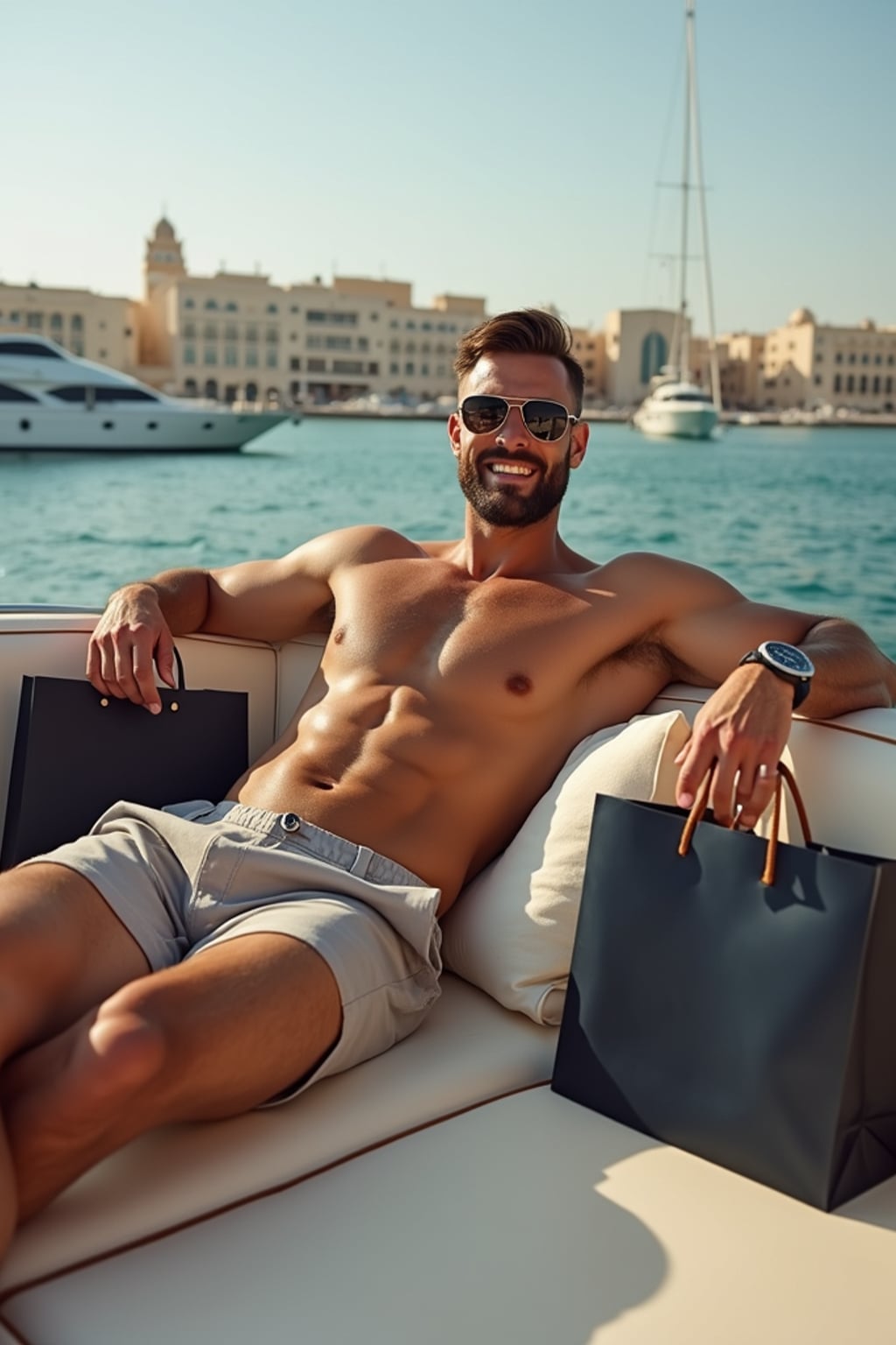 super muscular man lounging on a yacht in Dubai Marina surrounded by shopping bags and luxury watches