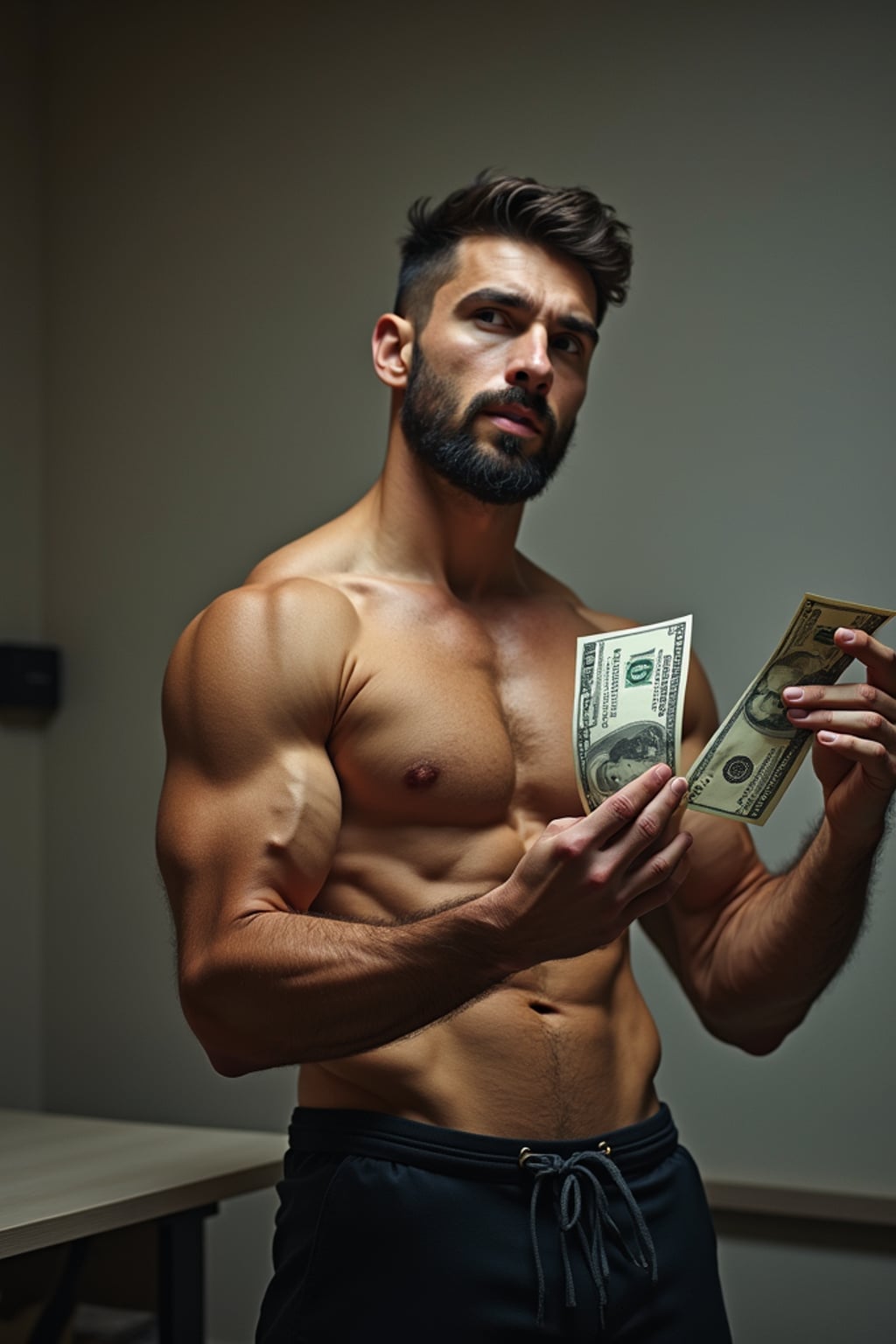 super muscular man doing a presentation showing a chart of money going up
