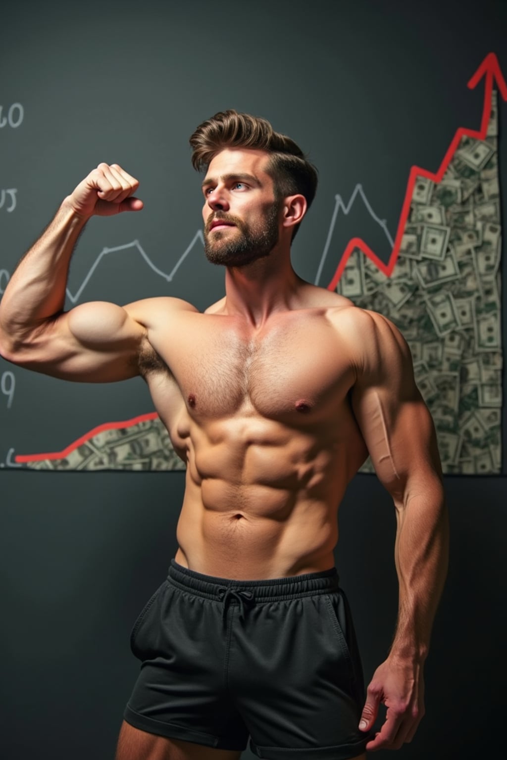 super muscular man doing a presentation showing a chart of money going up