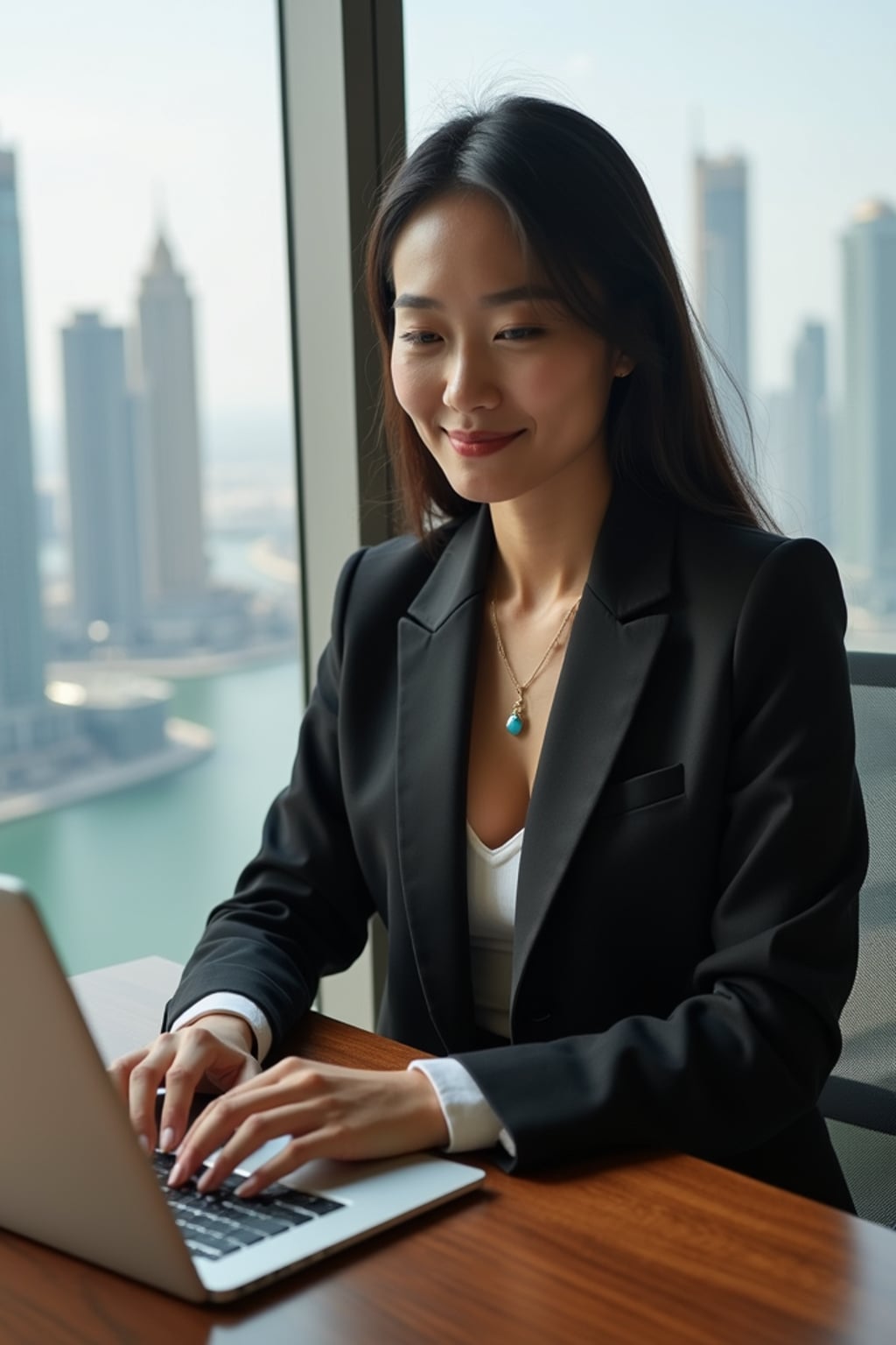 beautiful woman woman trading crypto on a laptop in a skyscraper office overlooking Dubai, wearing smart casual outfit
