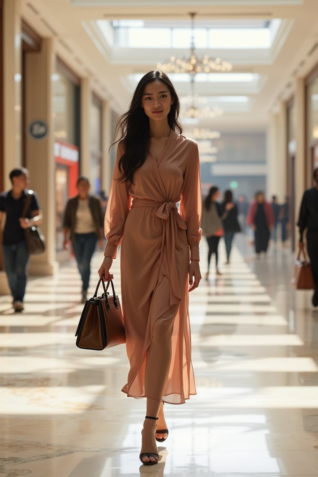 beautiful woman woman walking through a luxury mall in Dubai carrying designer bags, heels clicking on marble floor
