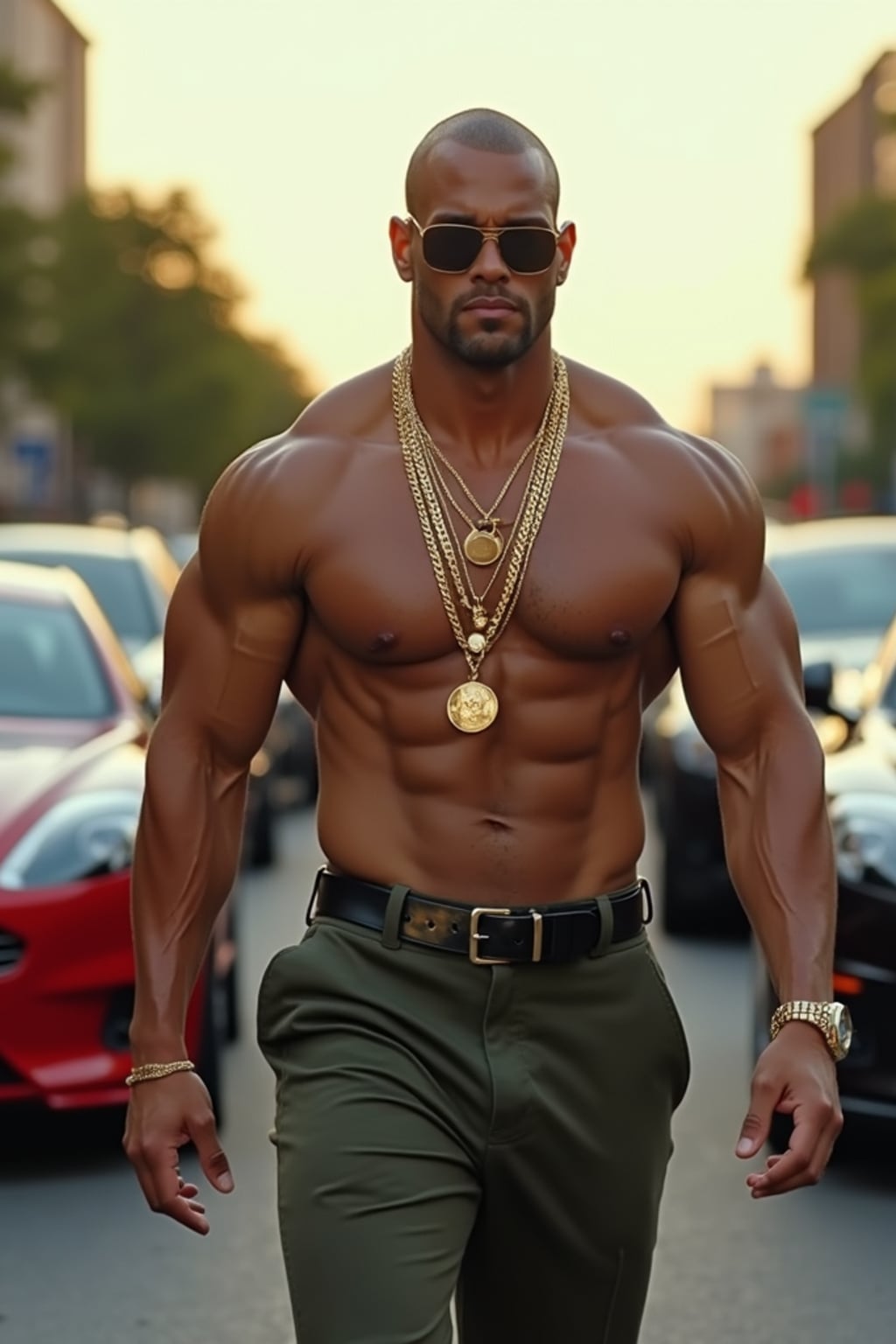 super muscular man wearing gold chains and sunglasses walking past luxury cars in slow motion