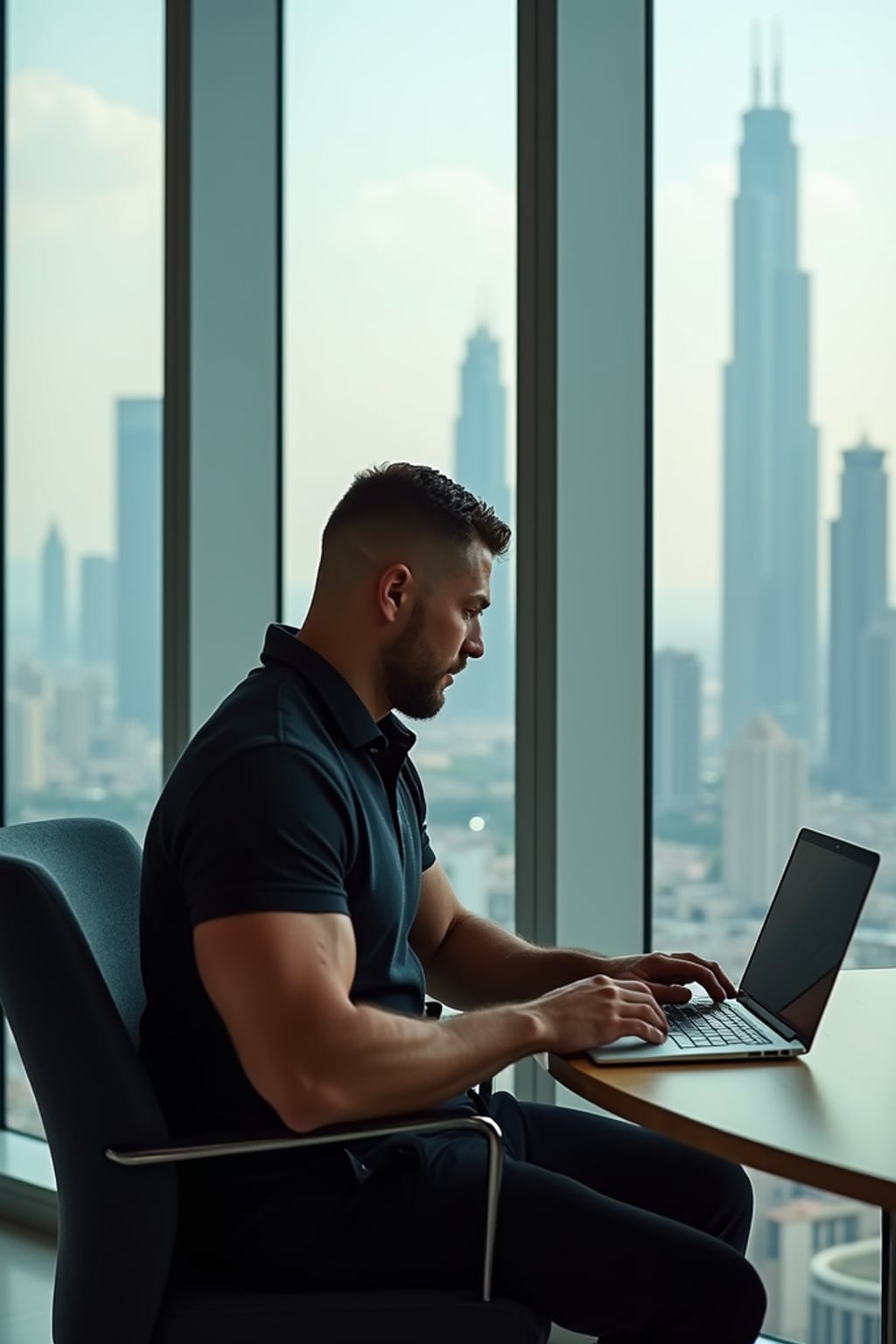 super muscular man trading crypto on a laptop in a skyscraper office overlooking Dubai, wearing designer casual