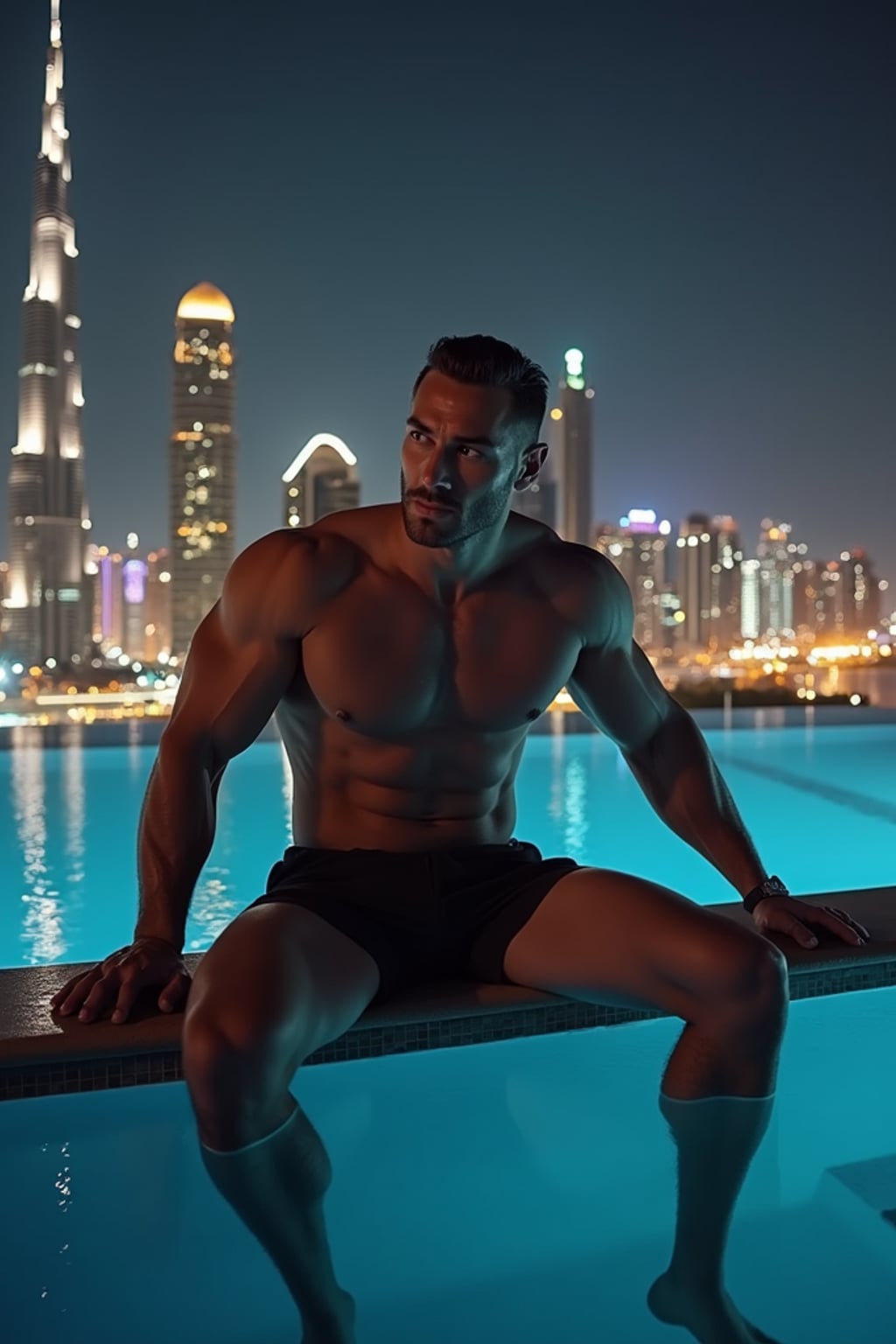 super muscular man sitting by an infinity pool at night in Dubai, smoking a cigar, city skyline behind him