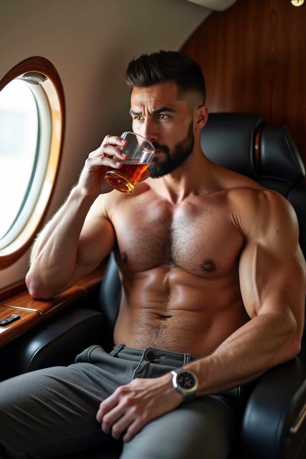 super muscular man on a private jet sipping whiskey, showing off a luxury watch and looking serious