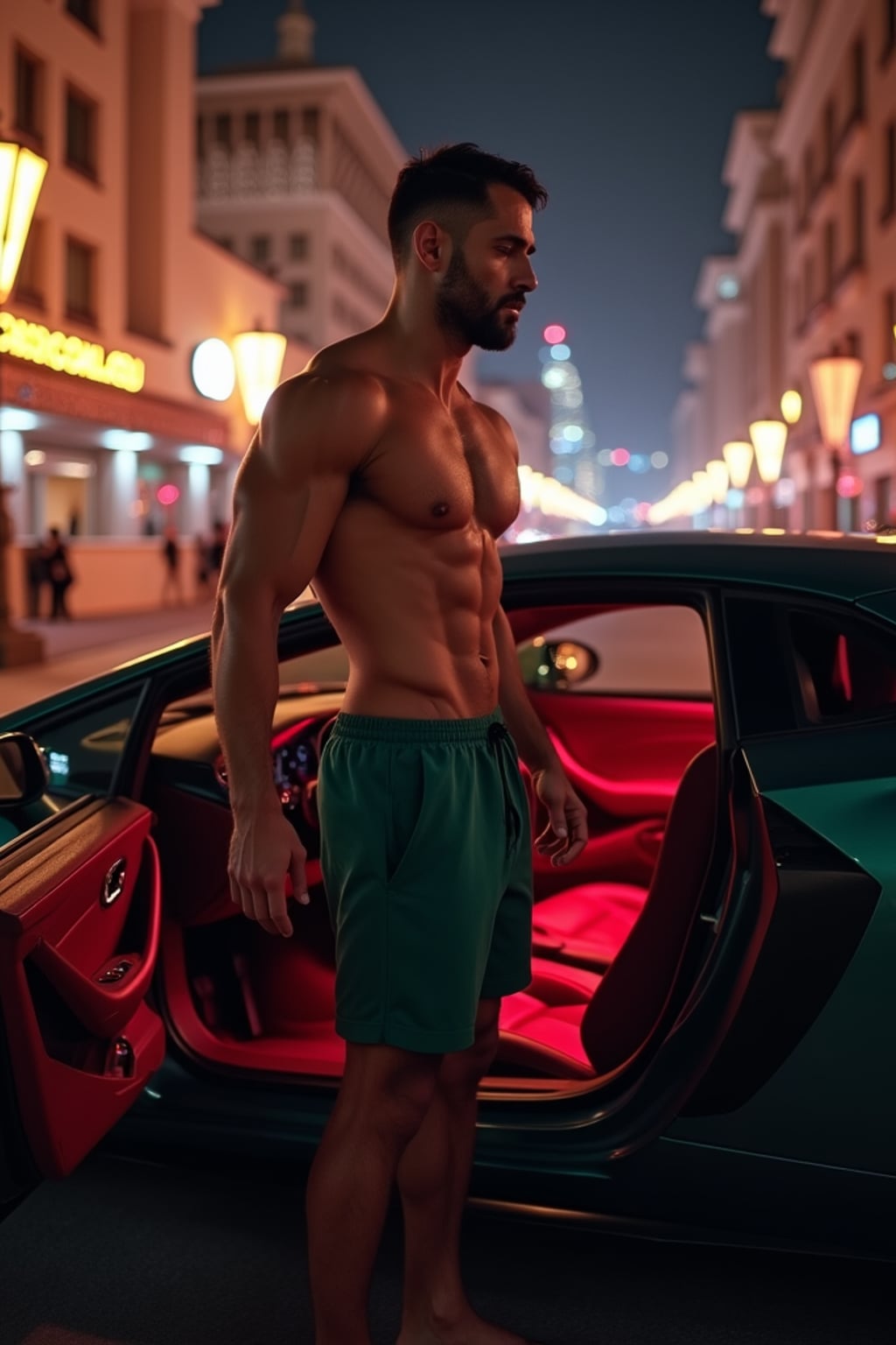 super muscular man stepping out of a Lamborghini at night in front of a Dubai nightclub, paparazzi flashing
