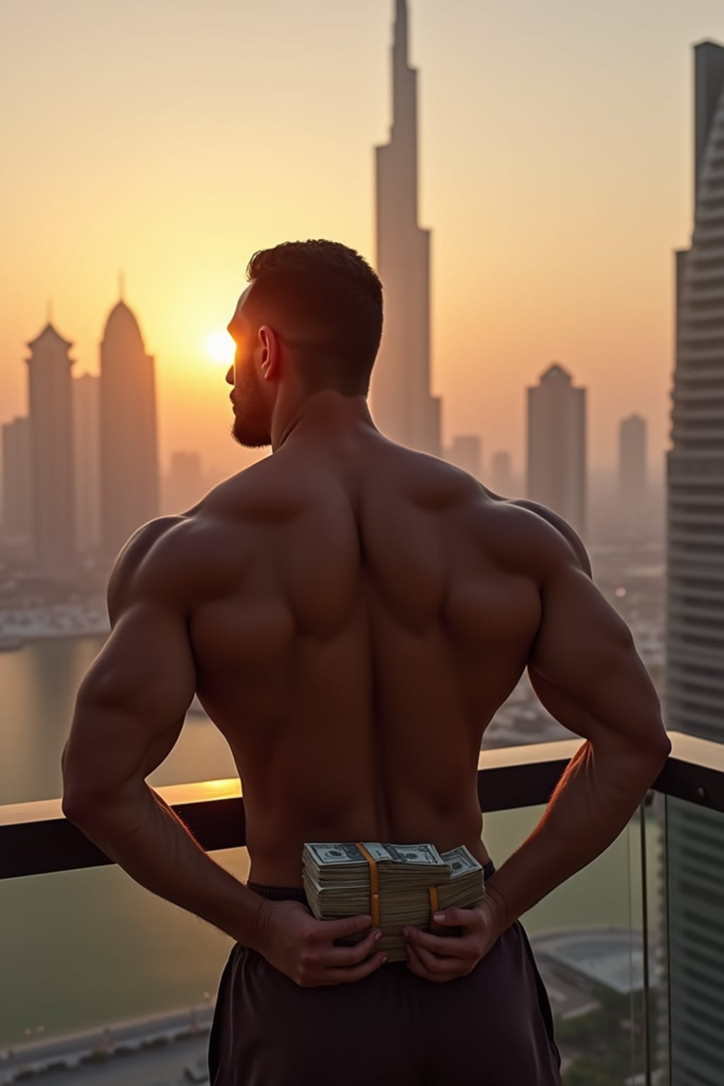 super muscular man counting stacks of cash on a penthouse balcony overlooking Dubai skyline at sunset