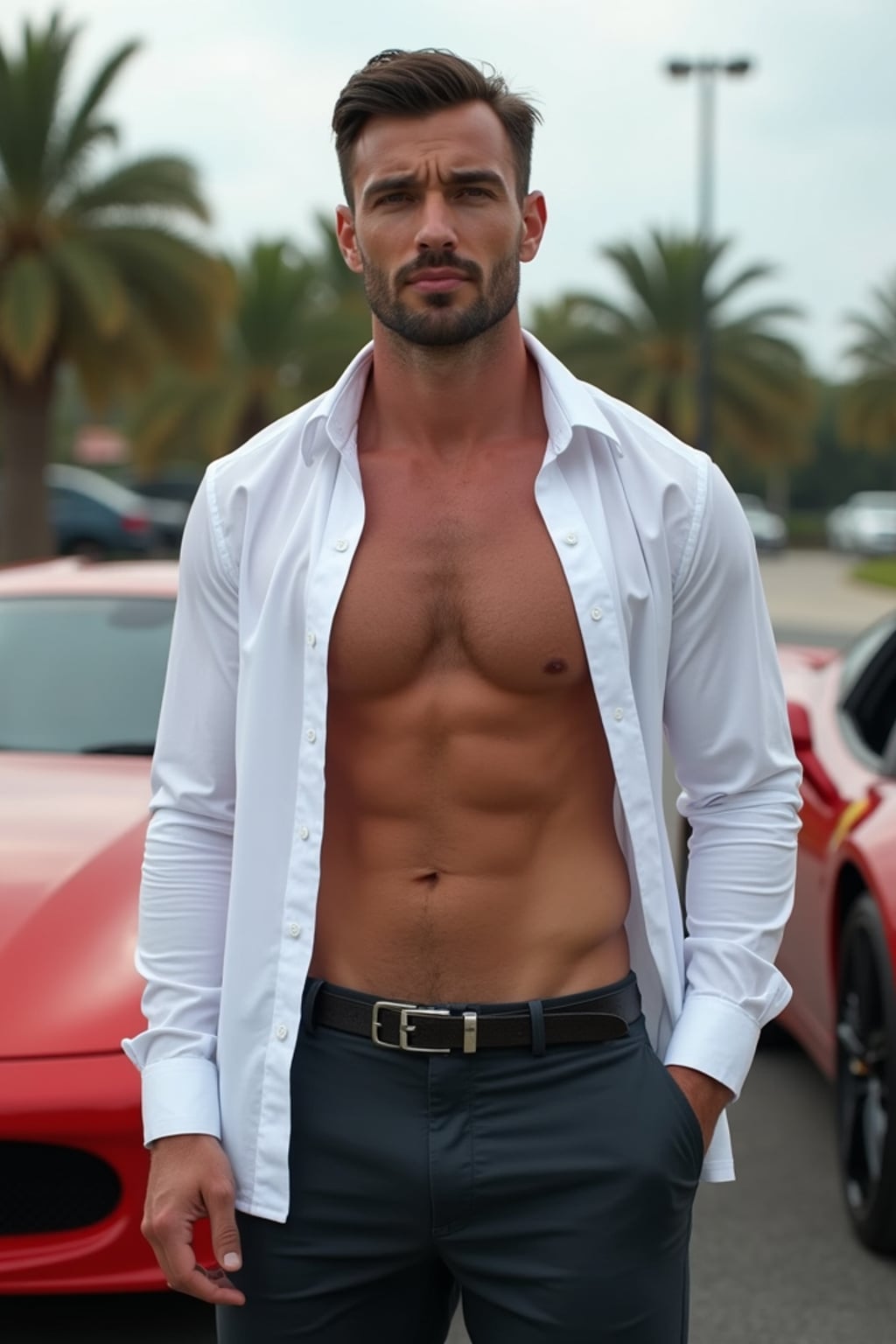 super muscular man with a tight fitting white open shirt posing in front of sports cars
