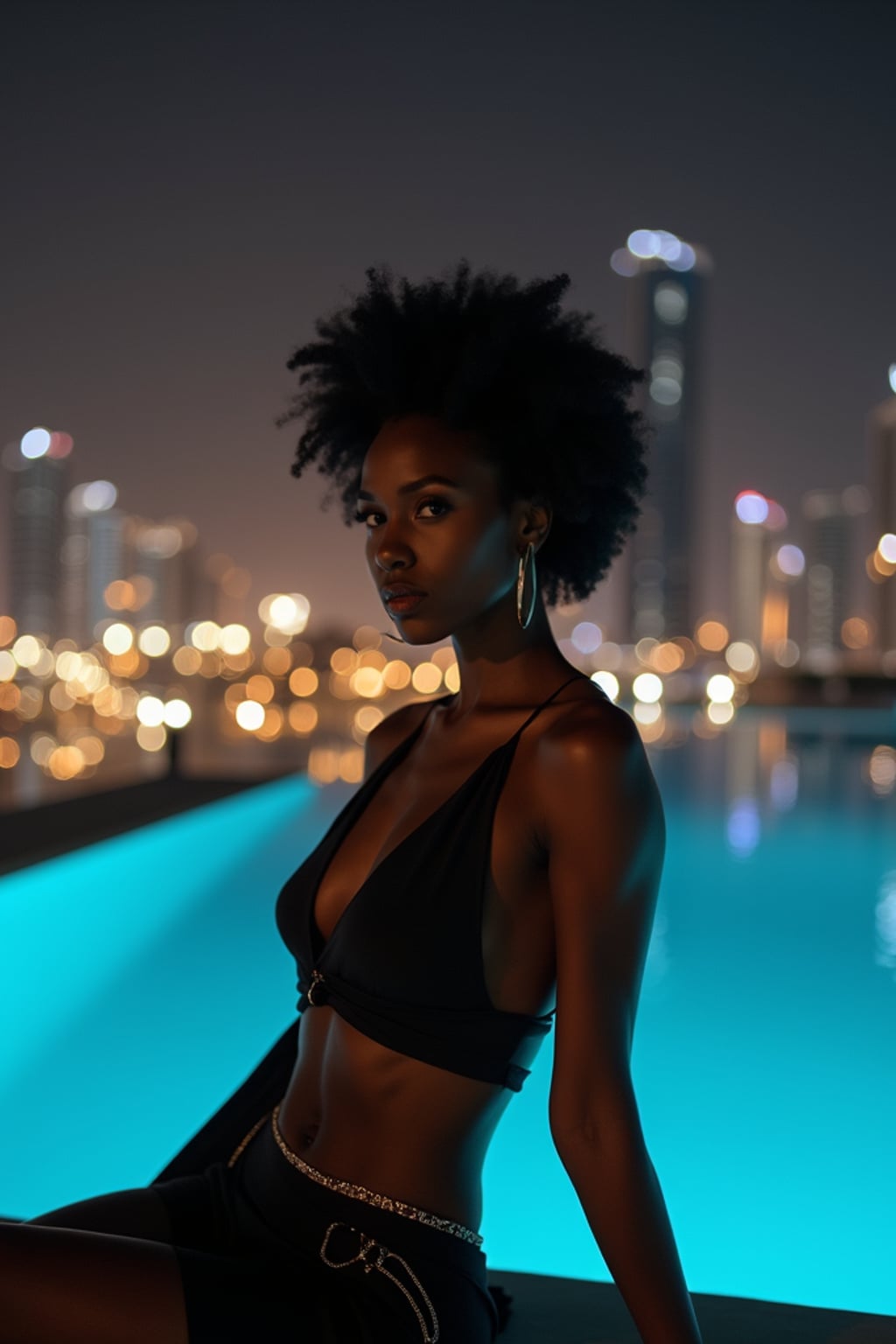 beautiful woman woman sitting by an infinity pool at night in Dubai, city lights in the background, looking powerful