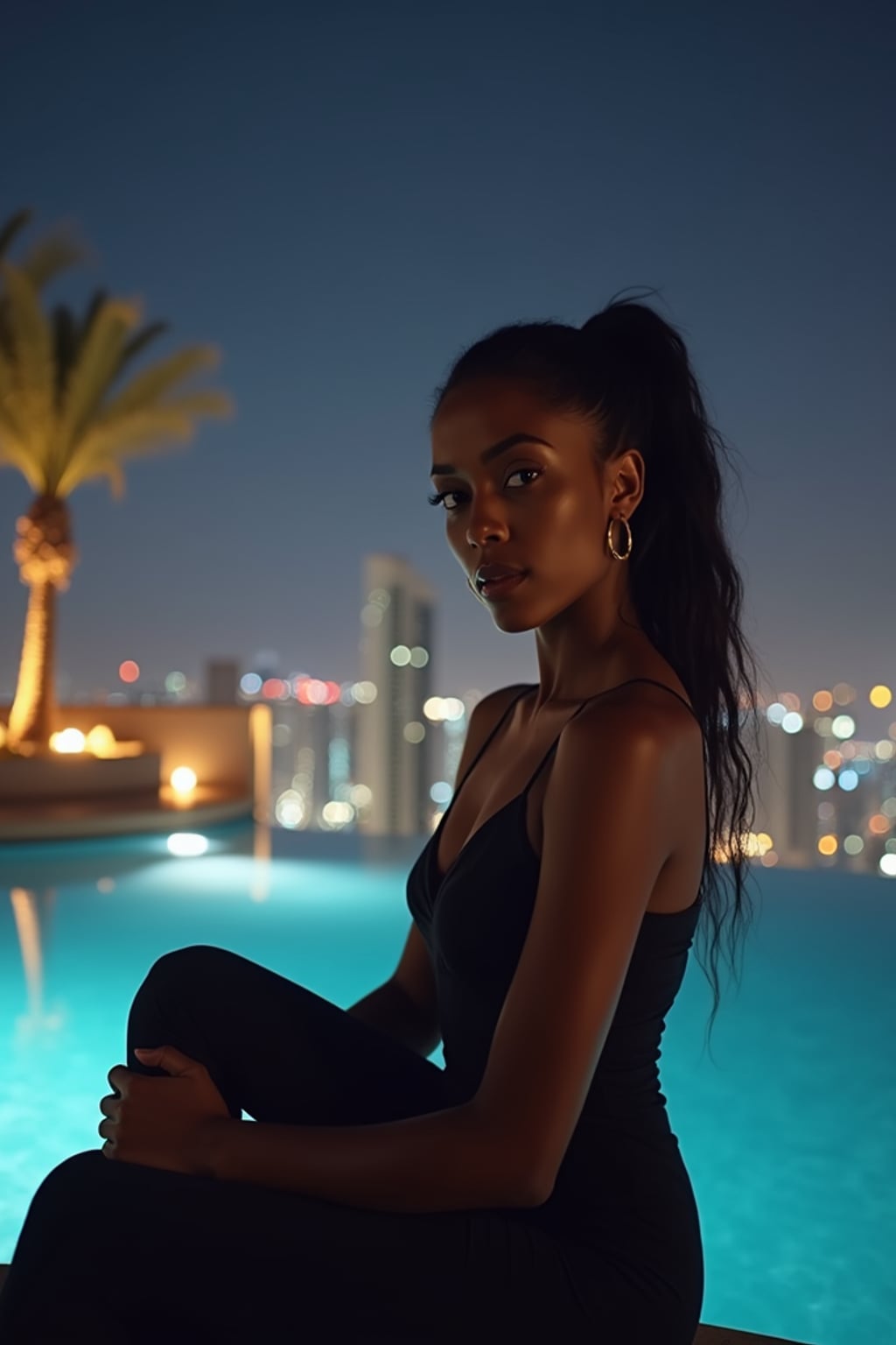 beautiful woman woman sitting by an infinity pool at night in Dubai, city lights in the background, looking powerful