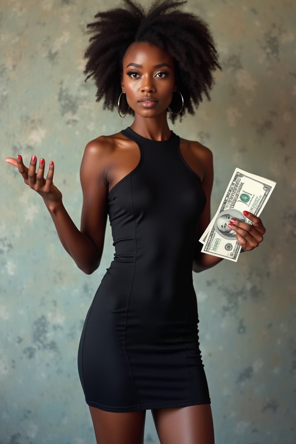 beautiful woman woman in tight fitting bodycon dress doing a presentation showing a chart of money going up