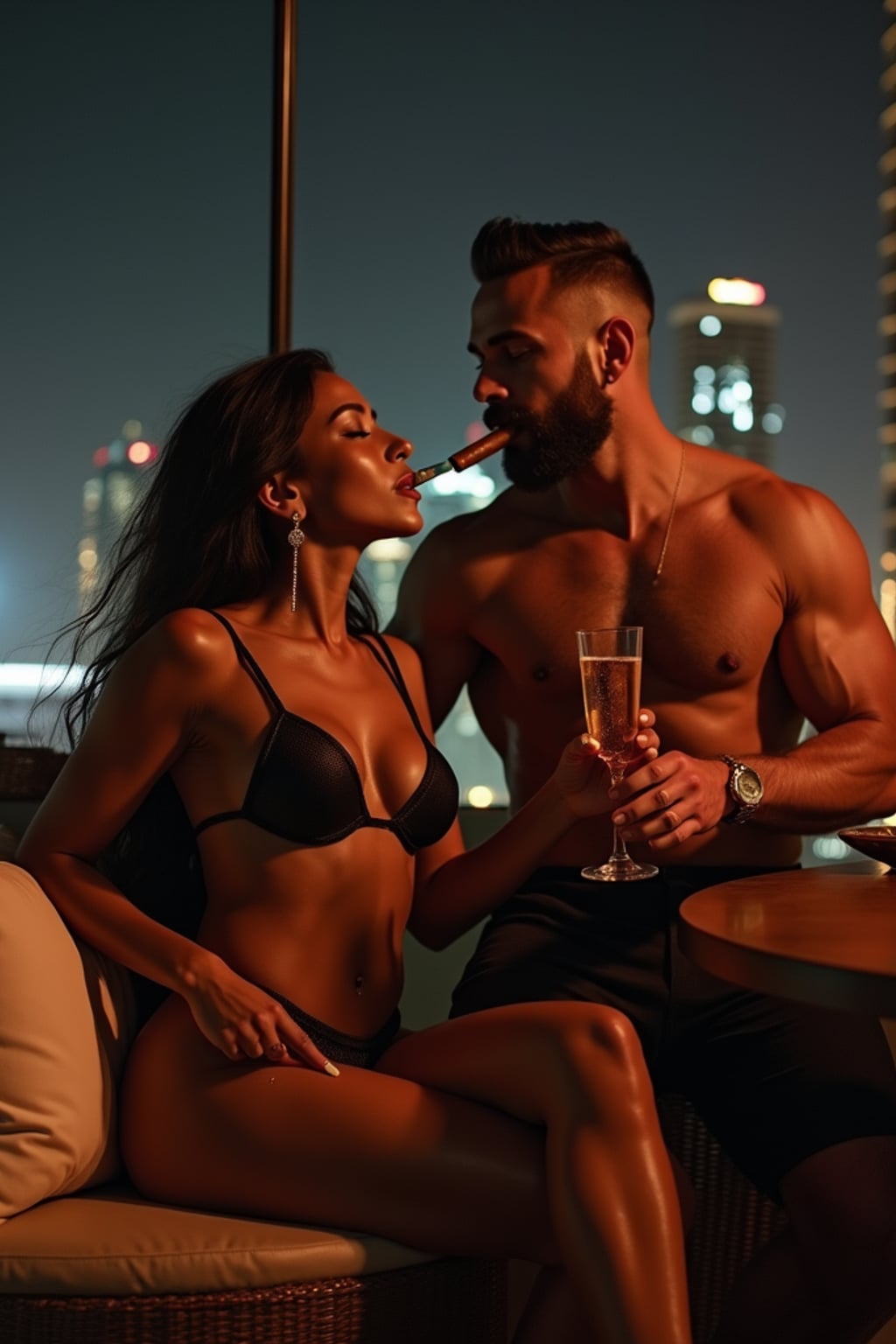 beautiful woman woman in black leather Bikini and heels in a luxury rooftop bar in Dubai at night drinking champagne with super muscular man smoking cigars