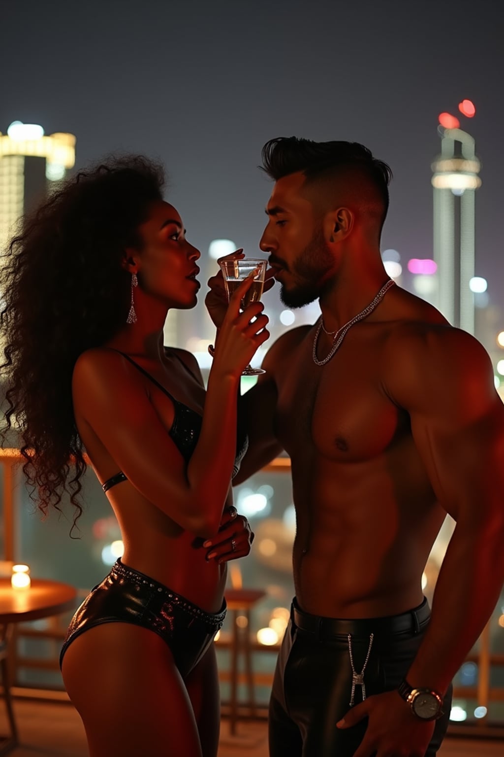 beautiful woman woman in black leather Bikini and heels in a luxury rooftop bar in Dubai at night drinking champagne with super muscular man smoking cigars