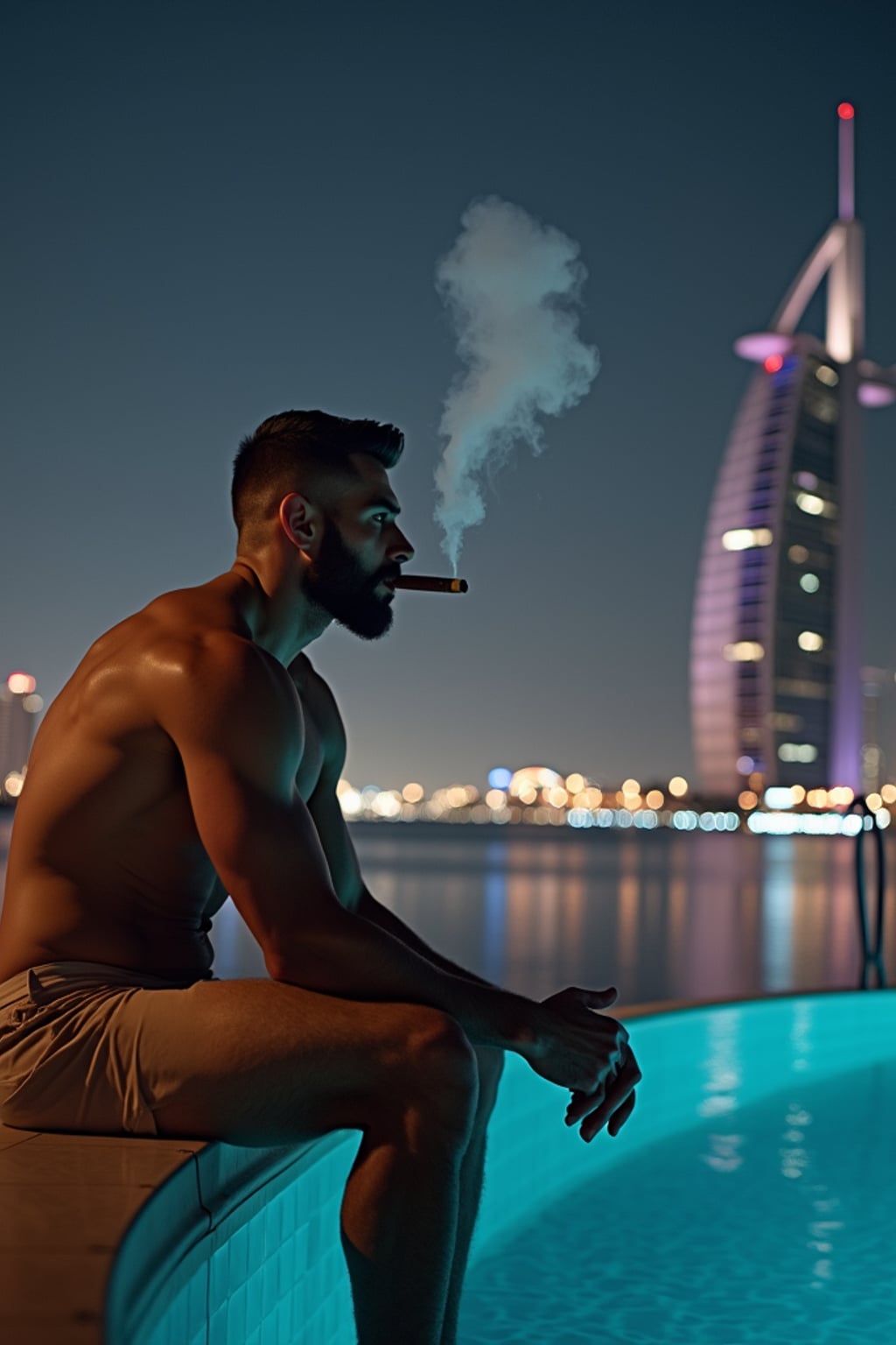 super muscular man sitting by an infinity pool at night in Dubai, smoking a cigar, city skyline behind him