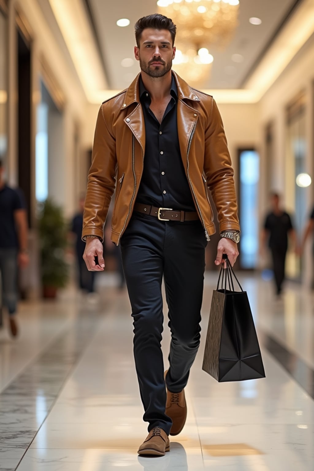 super muscular man walking through a luxury mall in Dubai in designer clothes, holding shopping bags and looking confident