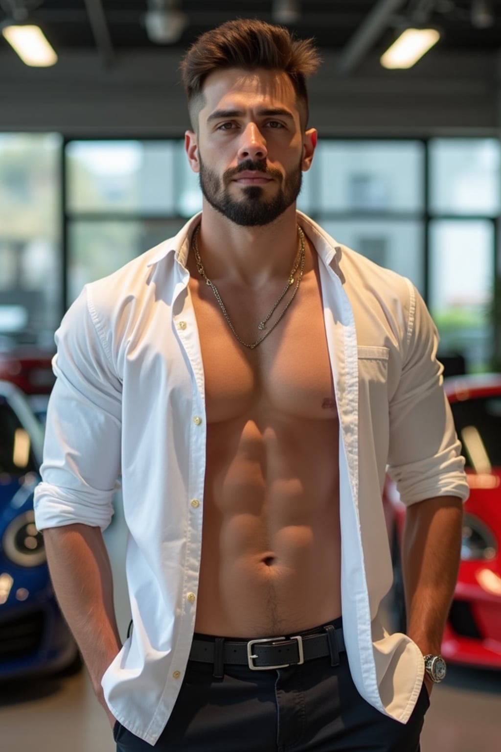 super muscular man with a tight fitting white open shirt posing in front of sports cars
