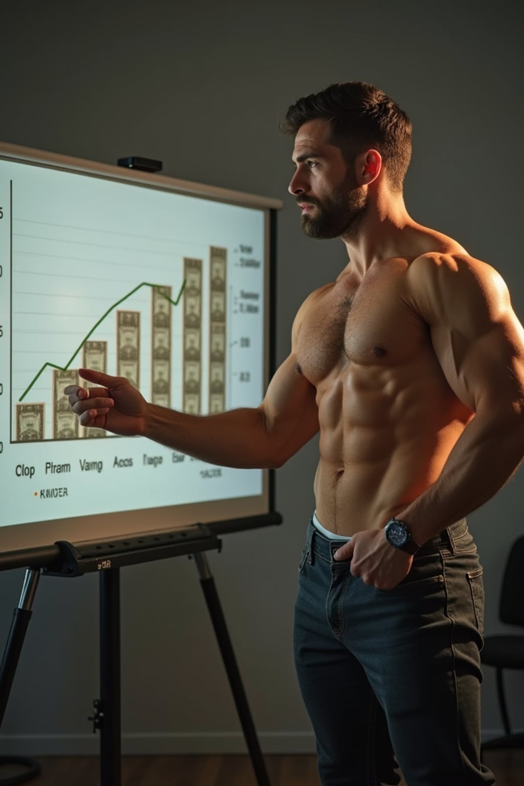 super muscular man doing a presentation showing a chart of money going up