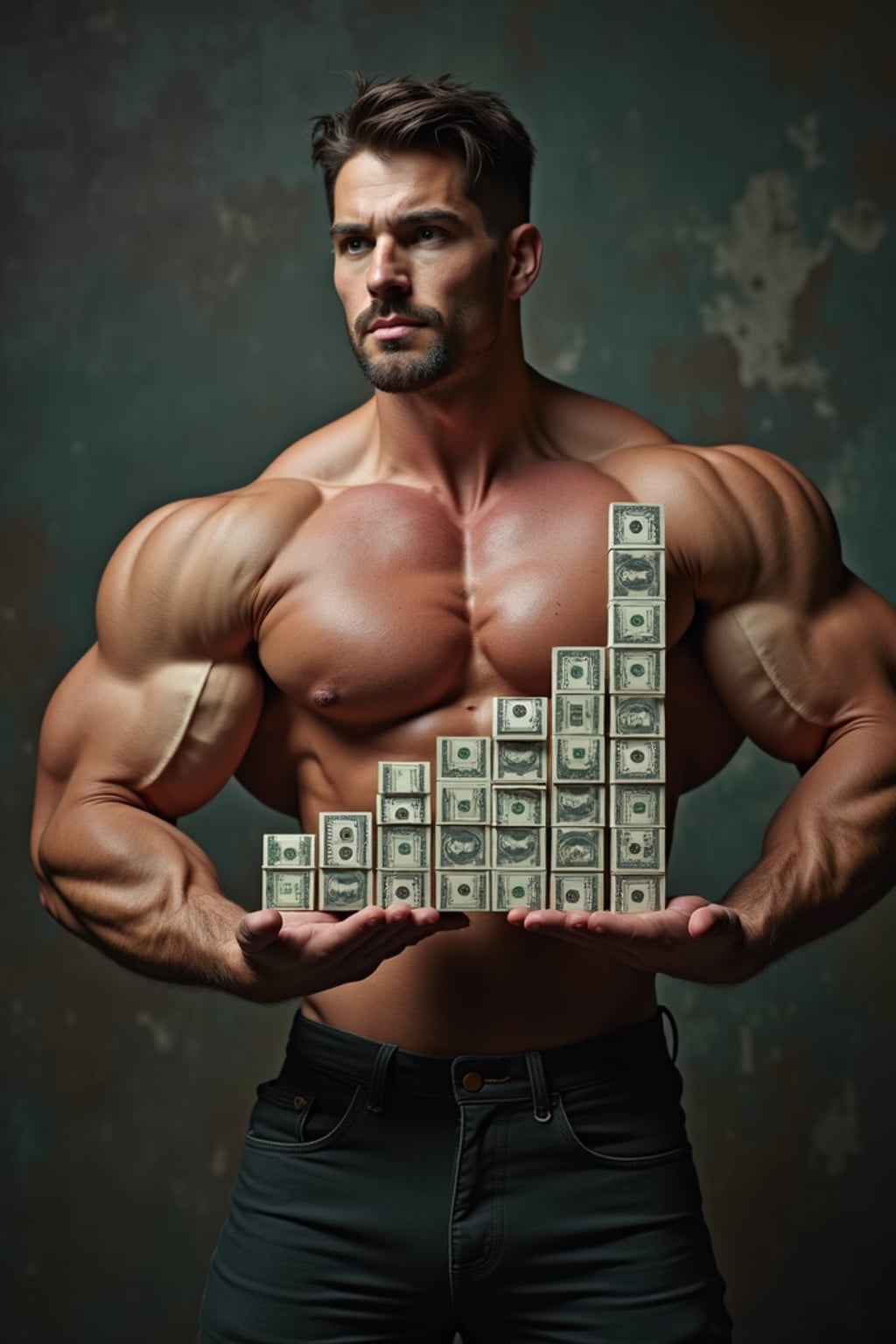 super muscular man doing a presentation showing a chart of money going up