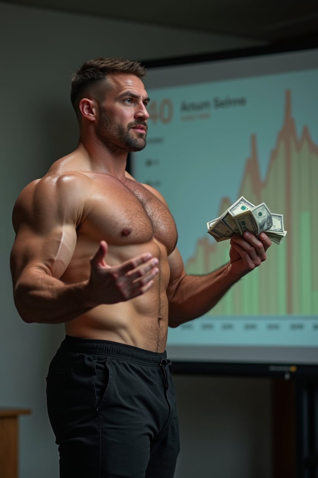 super muscular man doing a presentation showing a chart of money going up