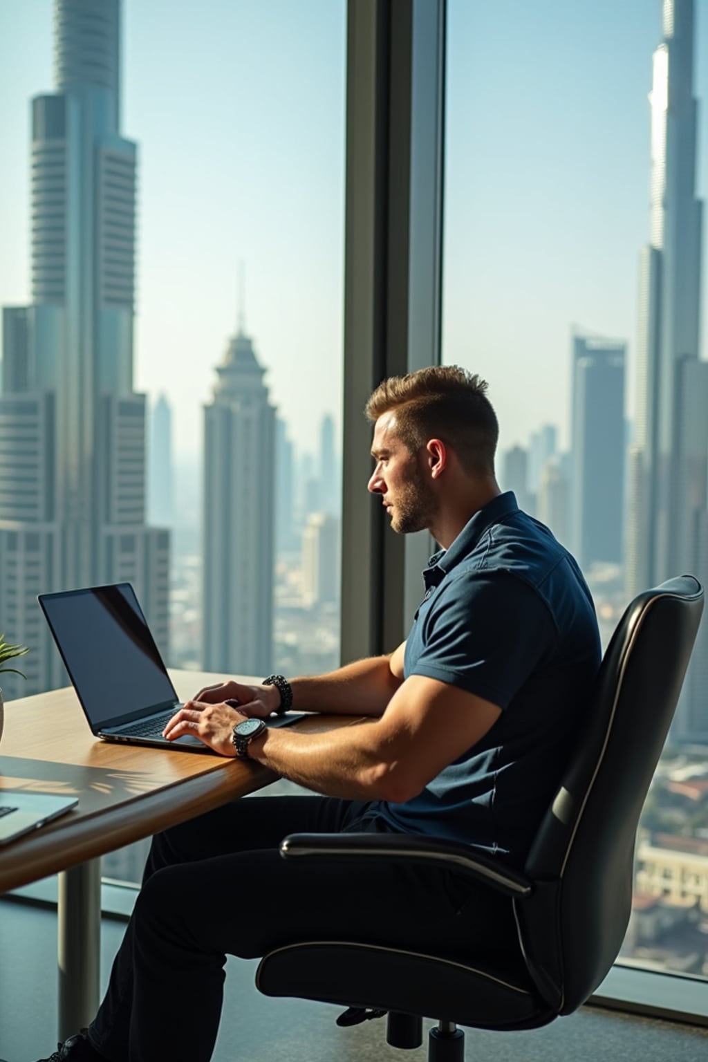 super muscular man trading crypto on a laptop in a skyscraper office overlooking Dubai, wearing designer casual