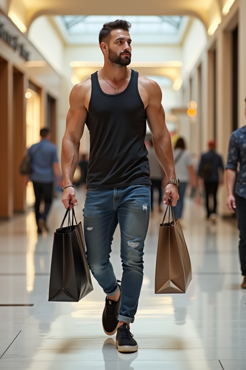 super muscular man walking through a luxury mall in Dubai in designer clothes, holding shopping bags and looking confident