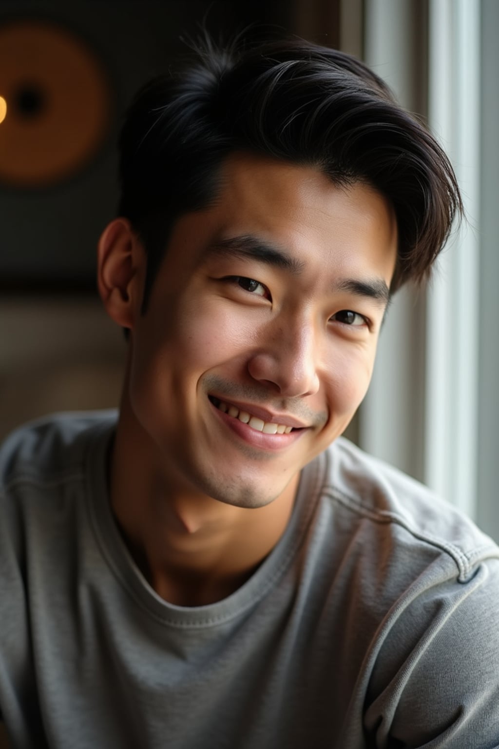 candid-style headshot of man, looking slightly off-camera, soft smile, cozy indoor setting (e.g., near a window), relaxed posture