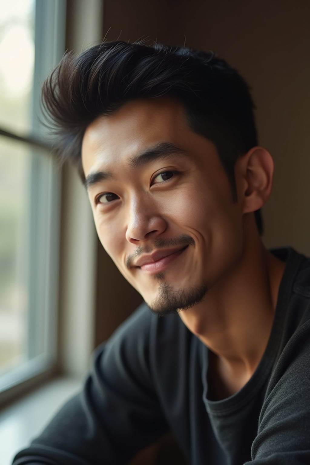 candid-style headshot of man, looking slightly off-camera, soft smile, cozy indoor setting (e.g., near a window), relaxed posture