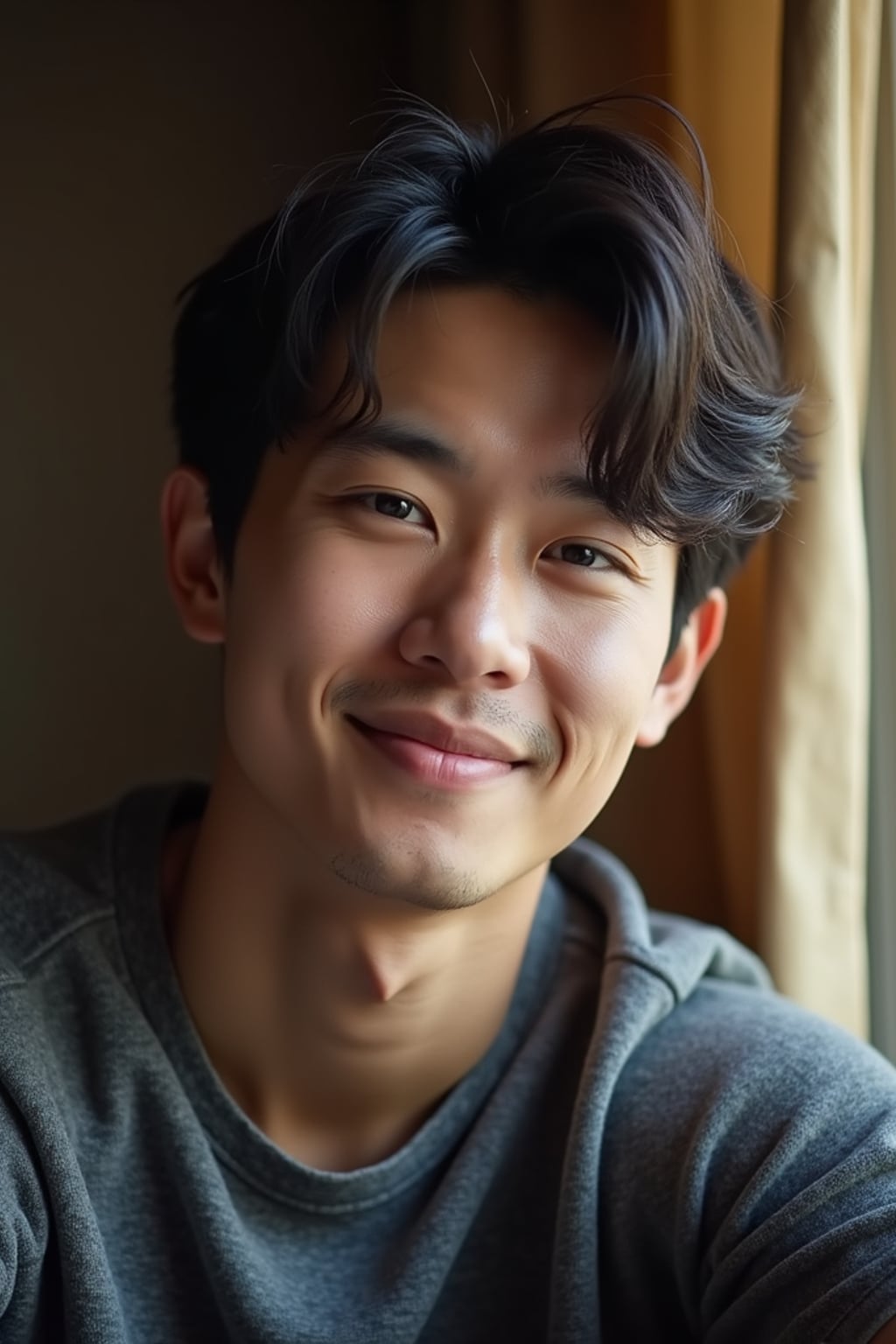 candid-style headshot of man, looking slightly off-camera, soft smile, cozy indoor setting (e.g., near a window), relaxed posture