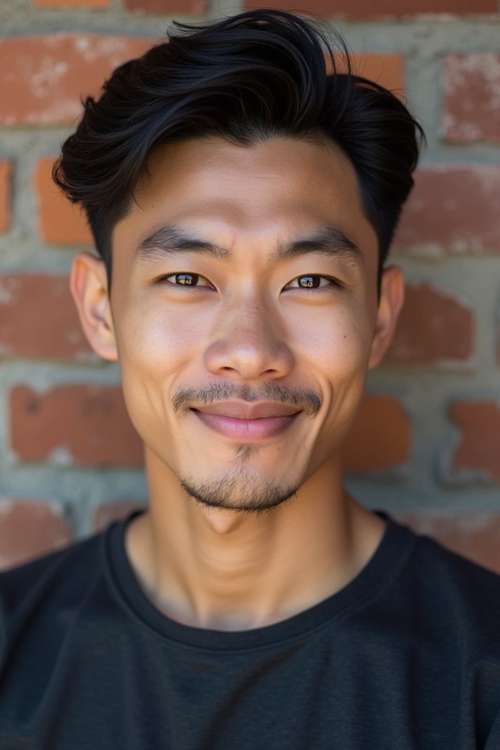 headshot of man, confident gaze, slightly smiling, against a simple textured wall (brick or wood), well-fitted stylish top, natural look