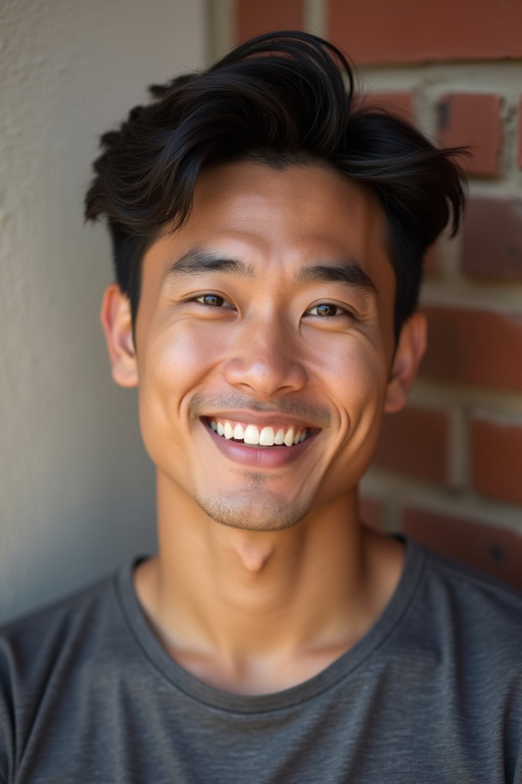 headshot of man, confident gaze, slightly smiling, against a simple textured wall (brick or wood), well-fitted stylish top, natural look