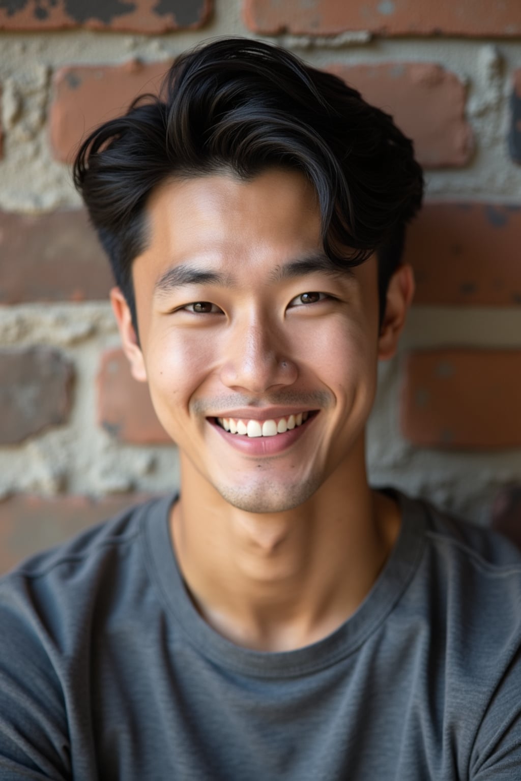 headshot of man, confident gaze, slightly smiling, against a simple textured wall (brick or wood), well-fitted stylish top, natural look