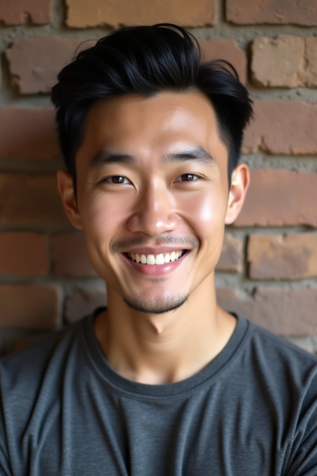 headshot of man, confident gaze, slightly smiling, against a simple textured wall (brick or wood), well-fitted stylish top, natural look