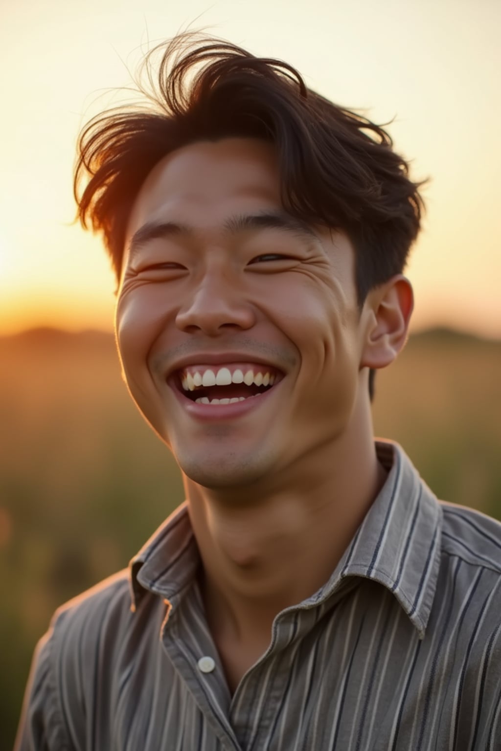 close-up portrait of man, genuine laugh, outdoor setting (golden hour), soft focus, wearing favorite casual outfit, friendly vibe