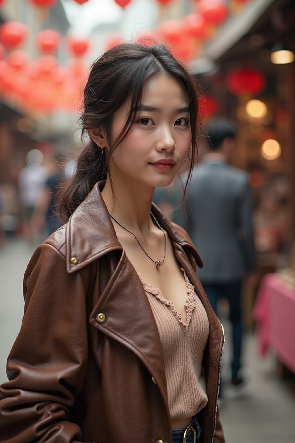 a stylish  feminine woman exploring a street market