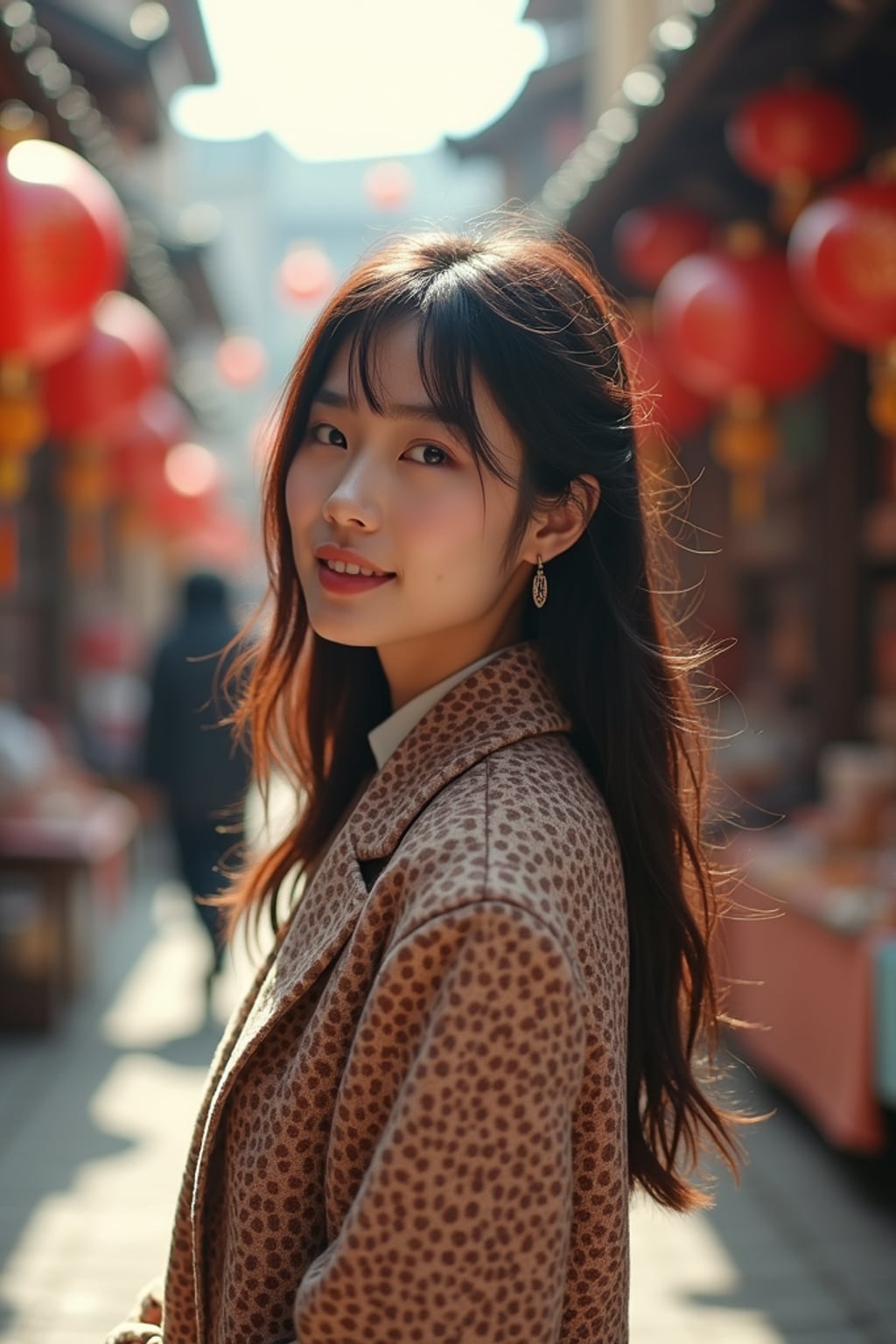 a stylish  feminine woman exploring a street market