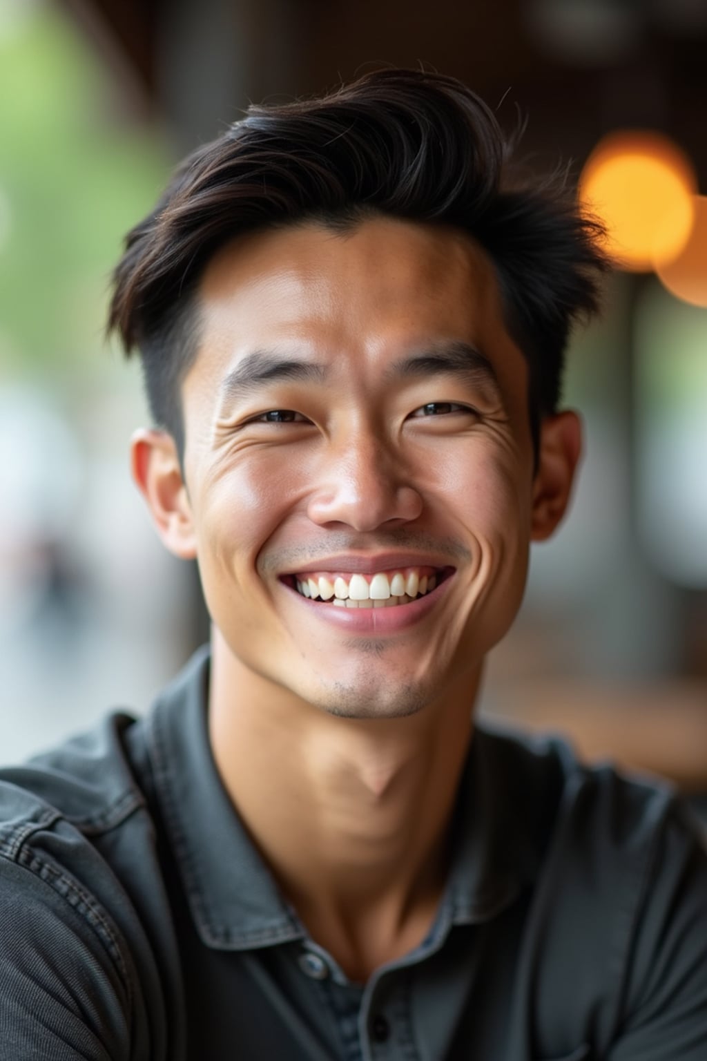 headshot of man, smiling warmly, natural light, blurred background (cafe or park), casual clothing, approachable expression